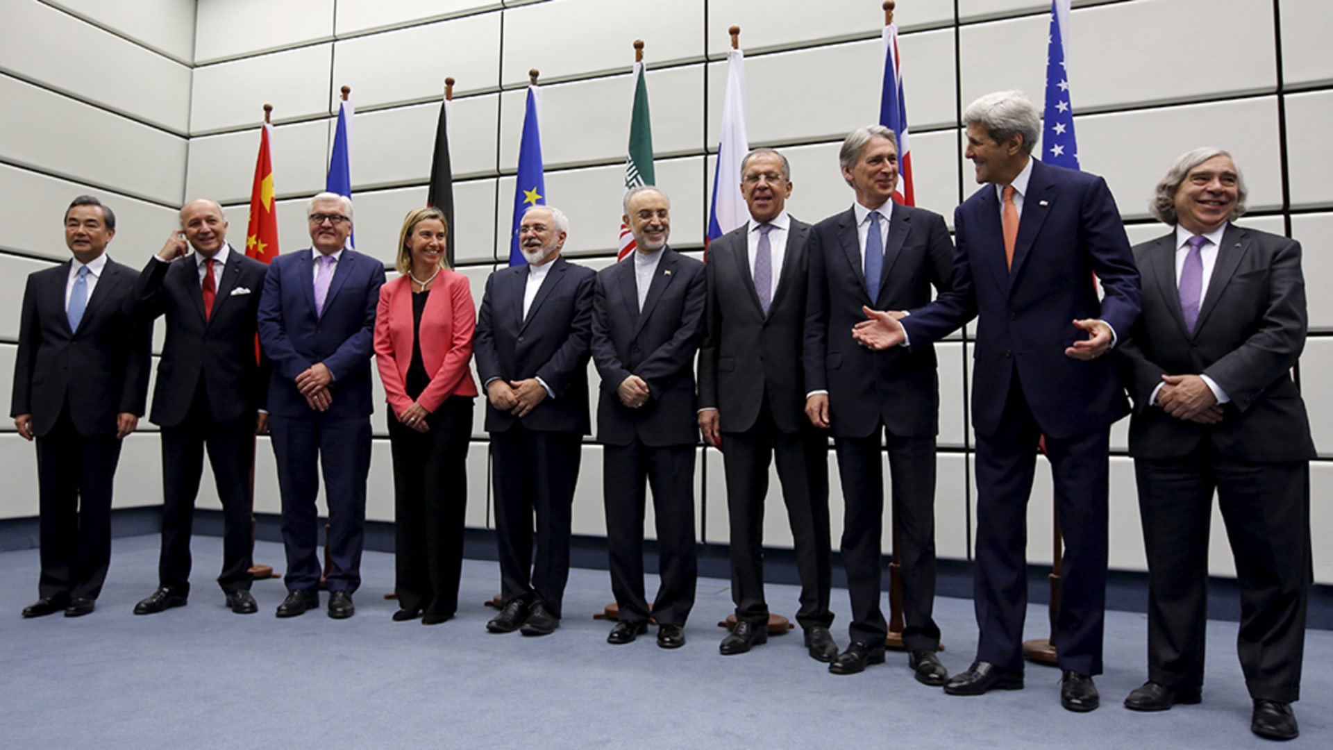 Officials from China, France, Germany, Iran, Russia, the United Kingdom, the United States, and the European Union gather after finalizing the Iran nuclear agreement.