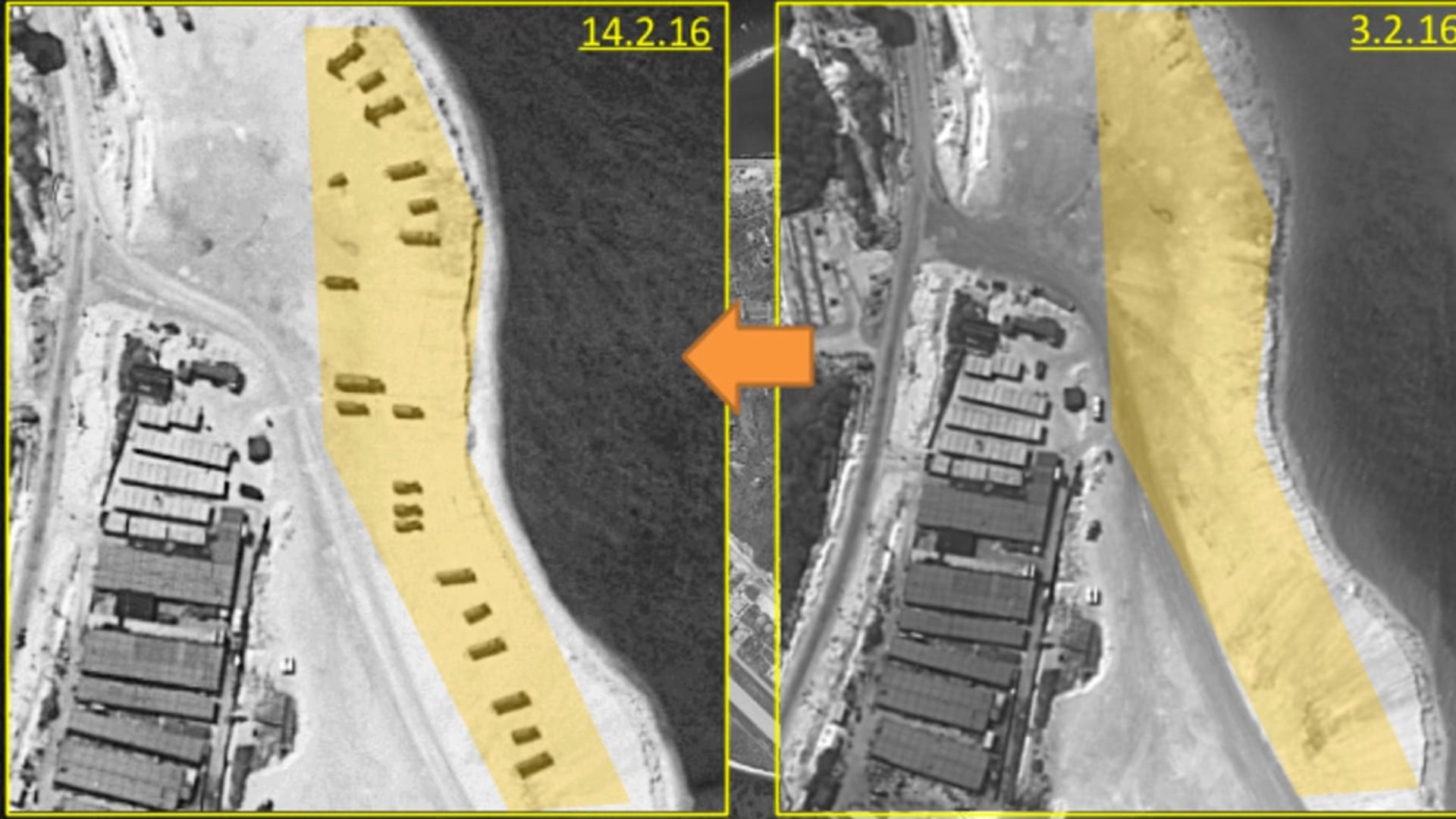 Satellite images taken of Woody Island in the South China Sea on February 3, 2016, and February 14, 2016. ImageSat International N.V./Handout/Reuters