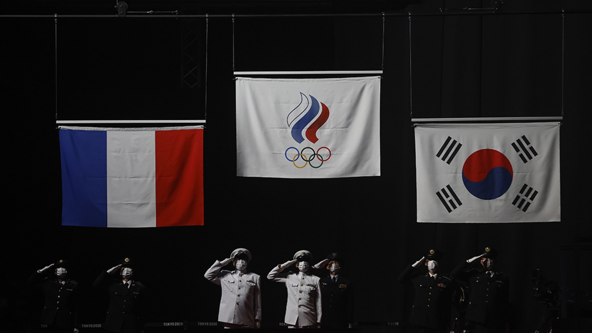 The Russian Olympic flag is displayed during the Tokyo games in 2021 instead of Russia’s national flag. Maxim Shemetov/Reuters