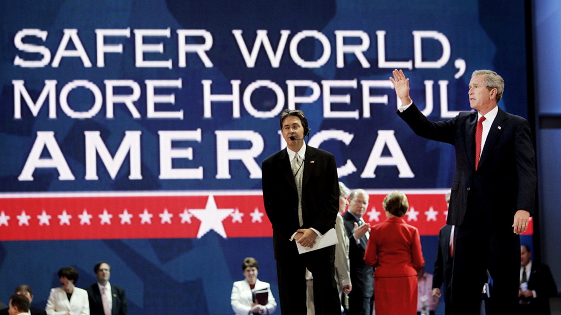 Republican President George W. Bush waves at supporters during his party’s convention in New York, New York. Kevin Lamarque/Reuters