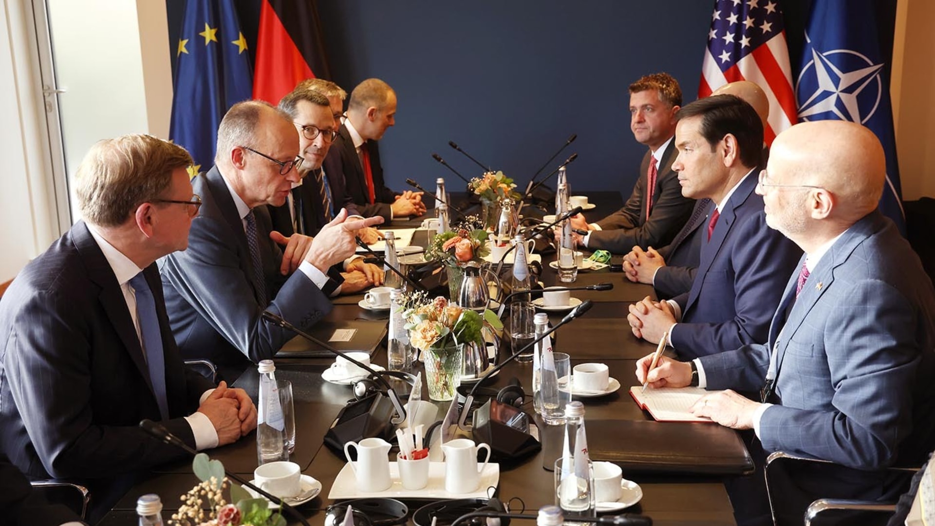 German Chancellor Friedrich Merz (2nd from L) gestures to U.S. Secretary of State Marco Rubio (2nd from R) as German Foreign Minister Johann Wadephul (L) looks on during a bilateral meeting at the 62nd Munich Security Conference on February 13, 2026 in Munich, Germany.