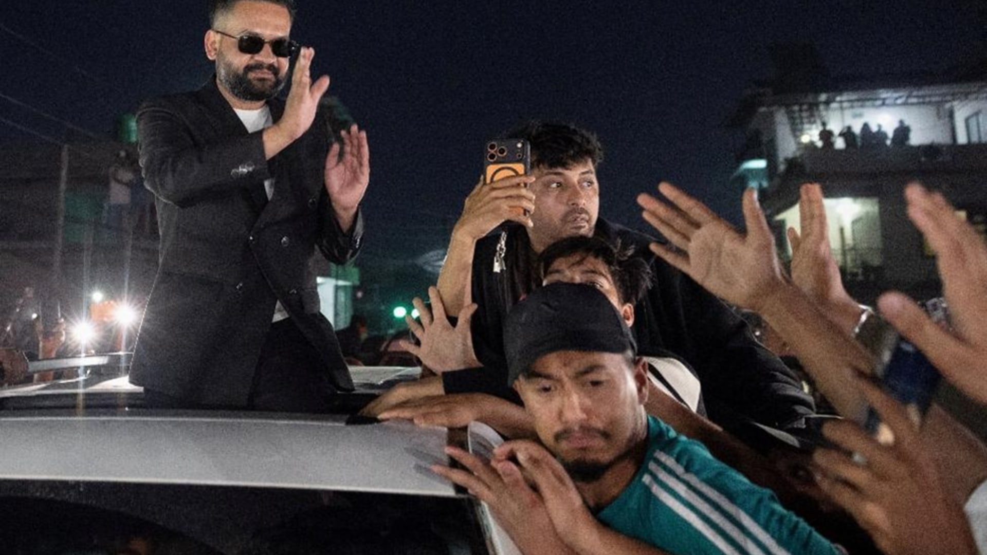 <p>Balendra Shah, a rapper-turned-politician and the prime ministerial candidate for Rastriya Swatantra Party (RSP), greets his supporters as he celebrates after winning the election in Damak, Nepal, on March 7, 2026.</p>
