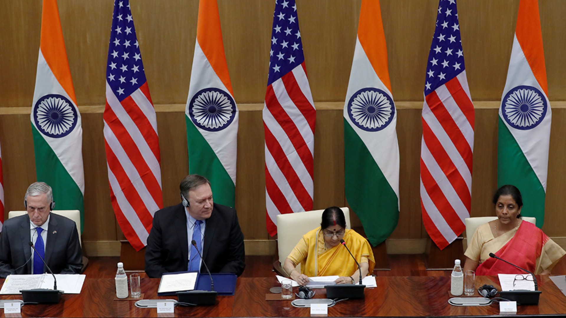 U.S. Secretary of State Mike Pompeo, U.S. Secretary of Defense James Mattis, India’s Foreign Minister Sushma Swaraj and India’s Defense Minister Nirmala Sitharaman attend a news conference in New Delhi. Adnan Abidi/Reuters