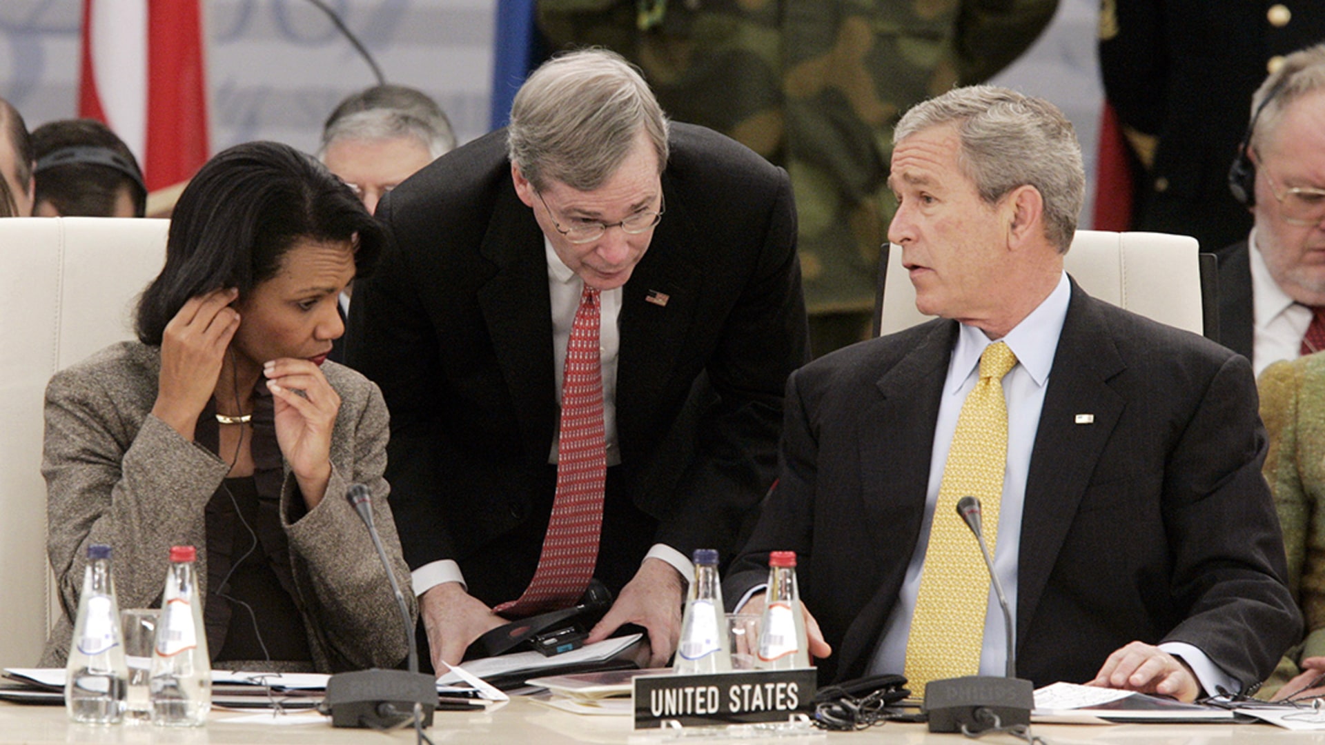U.S. Secretary of State Condoleezza Rice, U.S. National Security Adviser Stephen Hadley, and President George W. Bush at the NATO summit.