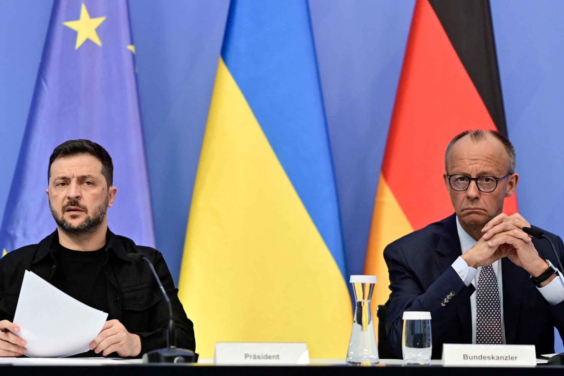 <p>Ukrainian President Zelenskyy and German Chancellor Merz attend a virtual talk between European leaders and the U.S. President on the Ukraine war ahead of a summit between the U.S. and Russian leaders, in Berlin, Germany, on August 13, 2025.</p>
