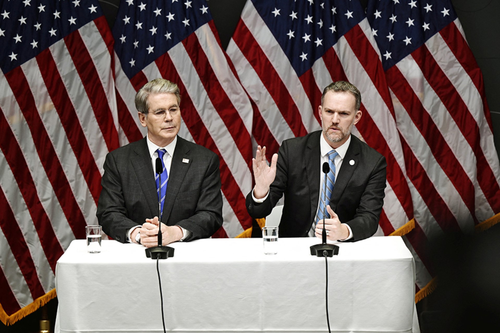<p>U.S. Trade Representative Jamieson Greer speaks next to U.S. Treasury Secretary Scott Bessent during a press conference at government quarters Rosenbad after the trade talks between the U.S. and China concluded.</p>