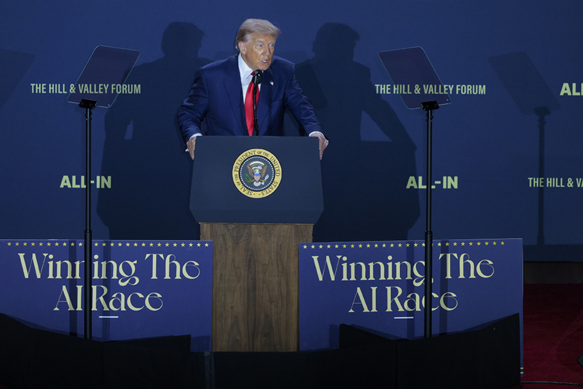 <p> U.S. President Donald Trump speaks during the “Winning the AI Race” summit hosted by All‑In Podcast and Hill & Valley Forum at the Andrew W. Mellon Auditorium on July 23, 2025 in Washington, DC. </p>
