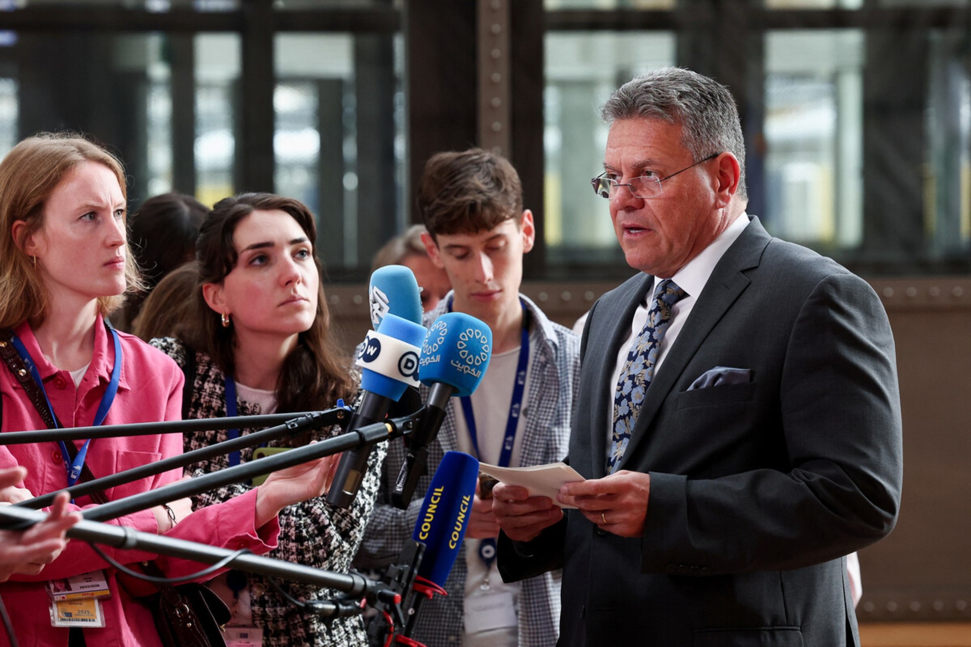 <p>European Commissioner for Trade Maros Sefcovic speaks to the media ahead of a European Union Foreign Affairs Council (Trade) meeting to discuss EU-U.S. relations, in Brussels, Belgium, July 14, 2025.</p>
