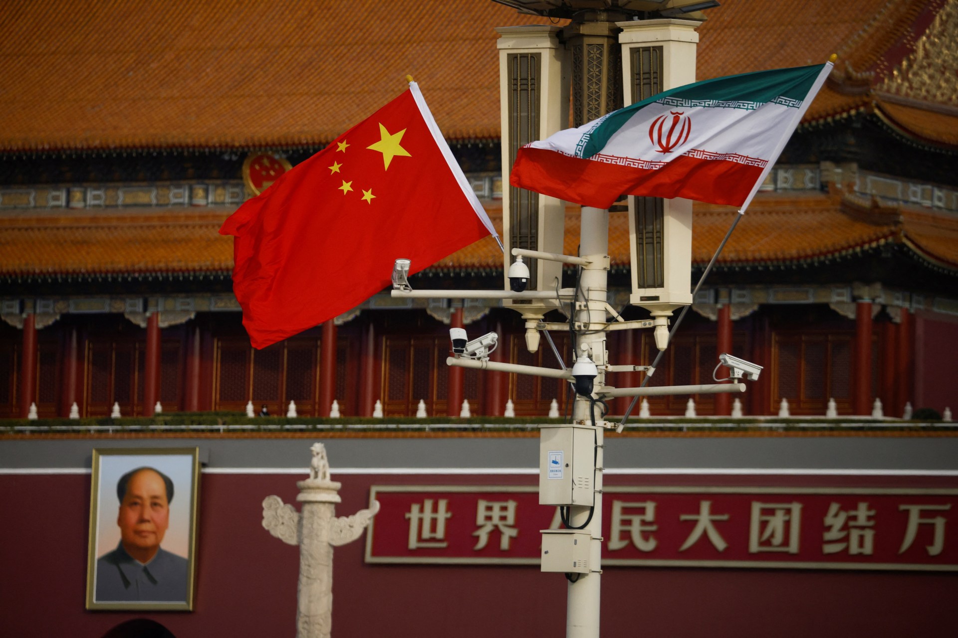 <p>The national flags of China and Iran fly in Tiananmen Square during Iranian President Ebrahim Raisi’s visit to Beijing, China, February 14, 2023.</p>
