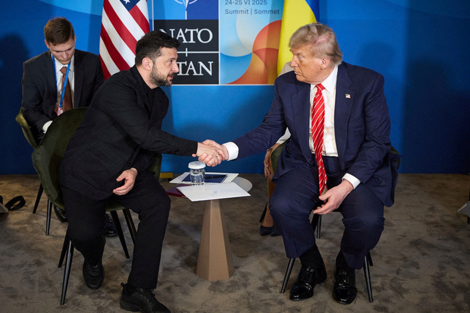 <p>U.S. President Trump and Ukraine’s President Zelenskiy attend a meeting on the sidelines of NATO summit in The Hague.</p>
