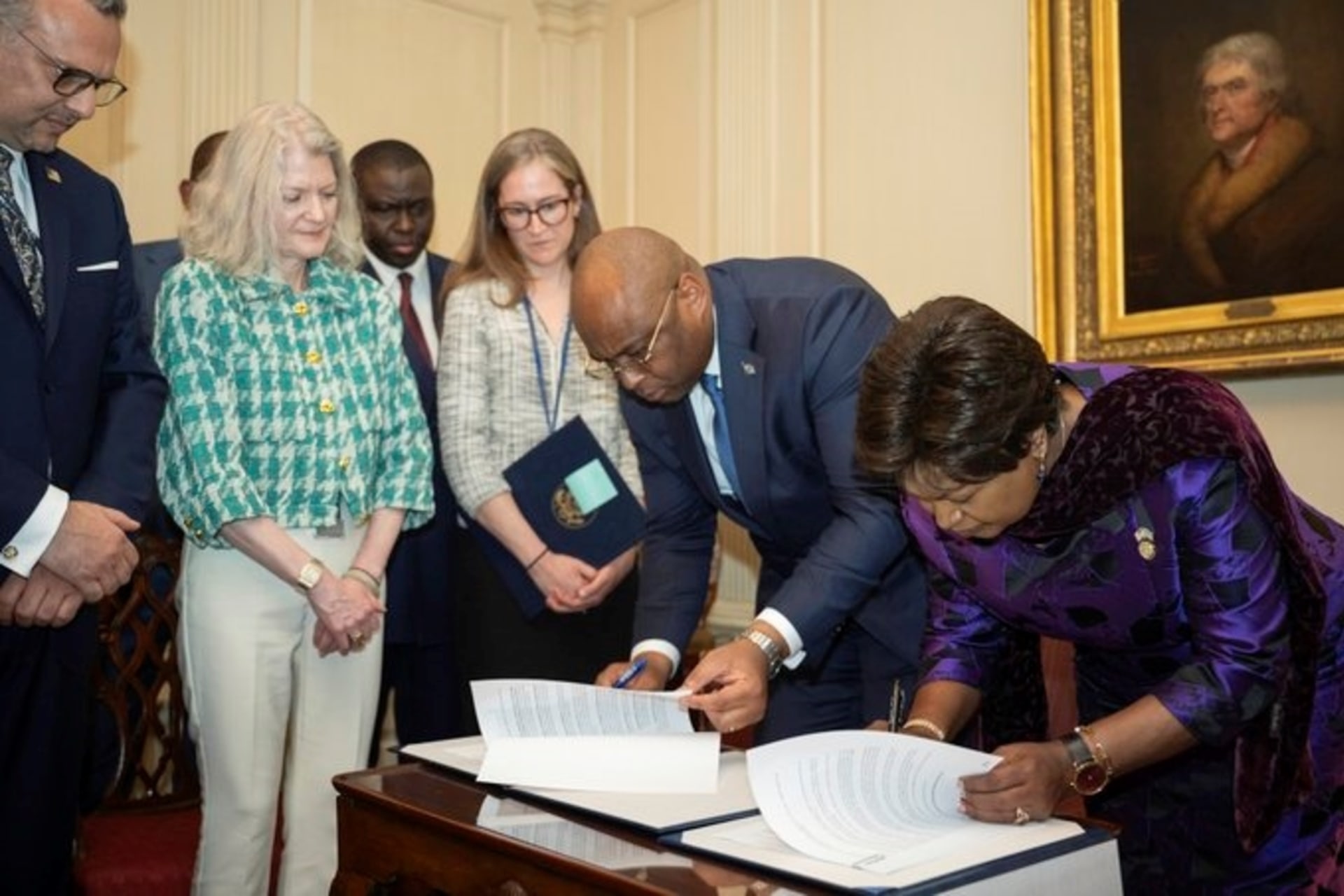 <p>U.S. officials look on as representatives from the Democratic Republic of Congo and Rwanda initial a peace agreement in Washington, DC on June 18, 2025.</p>