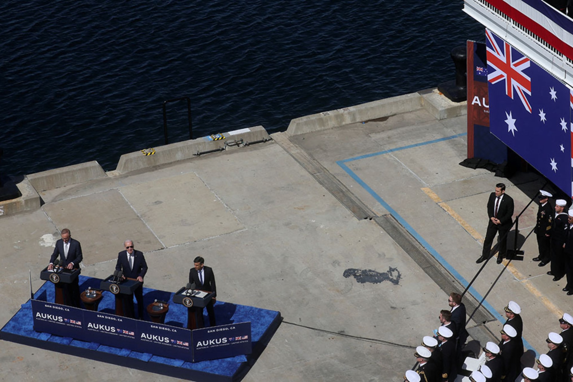<p>U.S. President Joe Biden, Australian Prime Minister Anthony Albanese and British Prime Minister Rishi Sunak deliver remarks after a trilateral meeting about AUKUS on March 13, 2023.</p>
