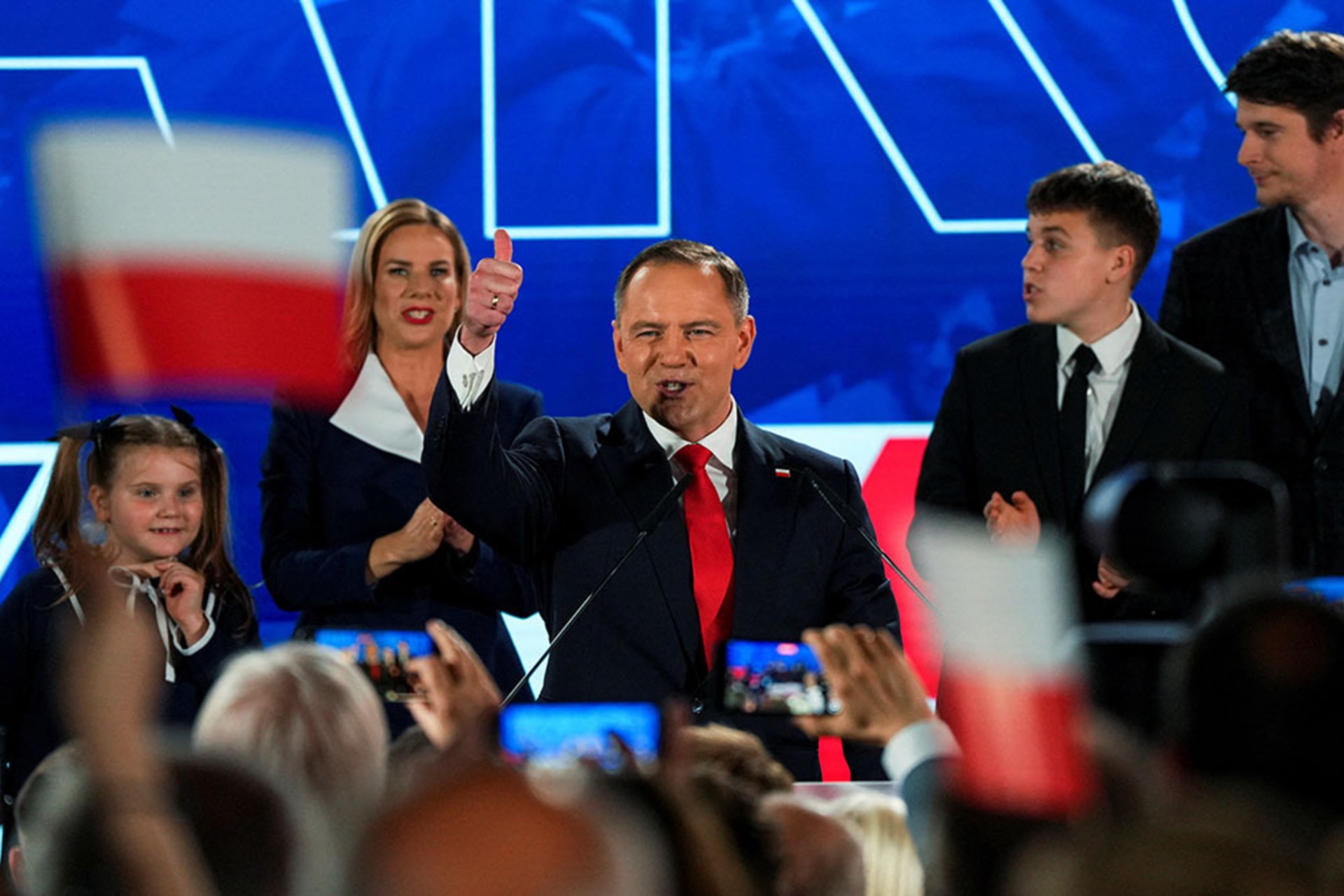 <p>Polish president-elect Karol Nawrocki reacts to the exit polls of the second round of the presidential election, in Warsaw, Poland, June 1, 2025.</p>