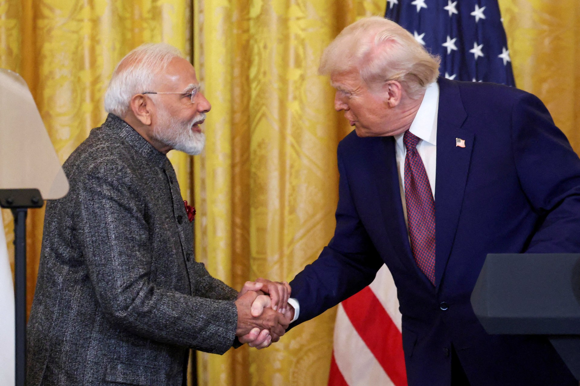 <p>U.S. President Donald Trump and Indian Prime Minister Narendra Modi shake hands as they attend a joint press conference at the White House in Washington, D.C., U.S., February 13, 2025</p>