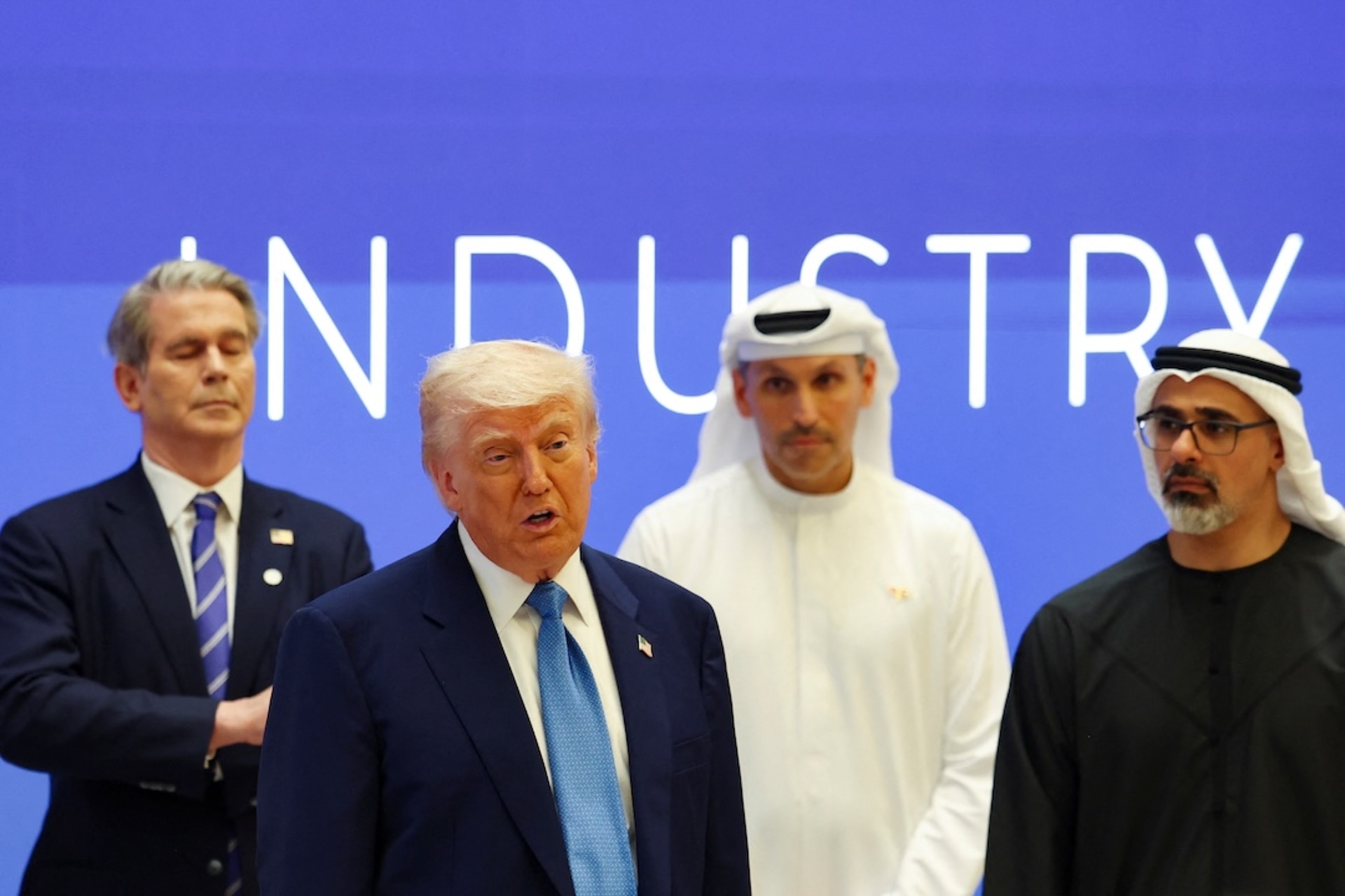 <p>U.S. President Donald Trump and Crown Prince of Abu Dhabi Sheikh Khaled bin Mohamed bin Zayed Al Nahyan attend a business forum at Qasr Al Watan during the final stop of his Gulf visit, in Abu Dhabi, United Arab Emirates, May 16, 2025.</p>
