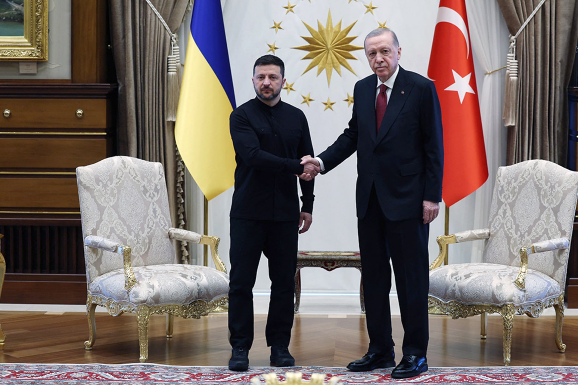 <p>Turkey’s President Tayyip Erdogan meets with Ukrainian President Volodymyr Zelenskyy at the Presidential Palace in Ankara, Turkey, May 15, 2025.</p>

