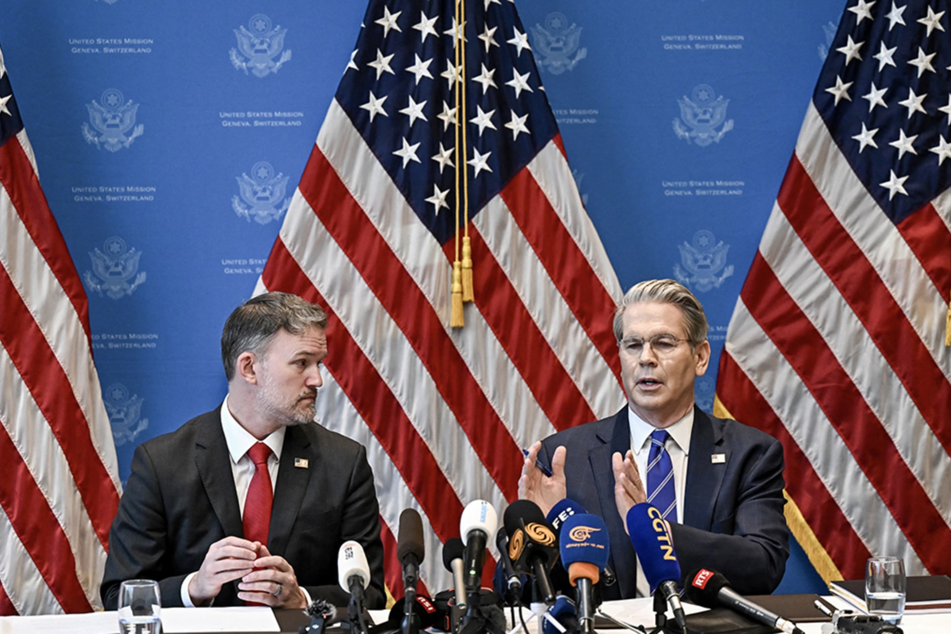 <p>U.S. Treasury Secretary Scott Bessent and U.S. Trade Representative Jamieson Greer hold a news conference in Geneva on May 12.</p>