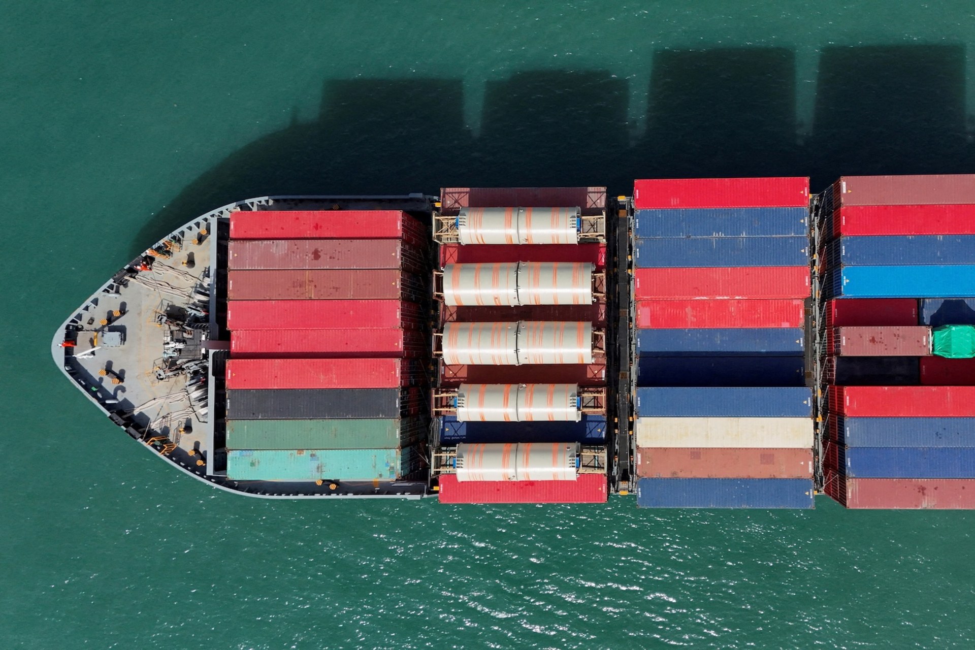 <p>A drone view shows a cargo ship at Kwai Tsing Container Terminals in Hong Kong, China, April 16, 2025.</p>
