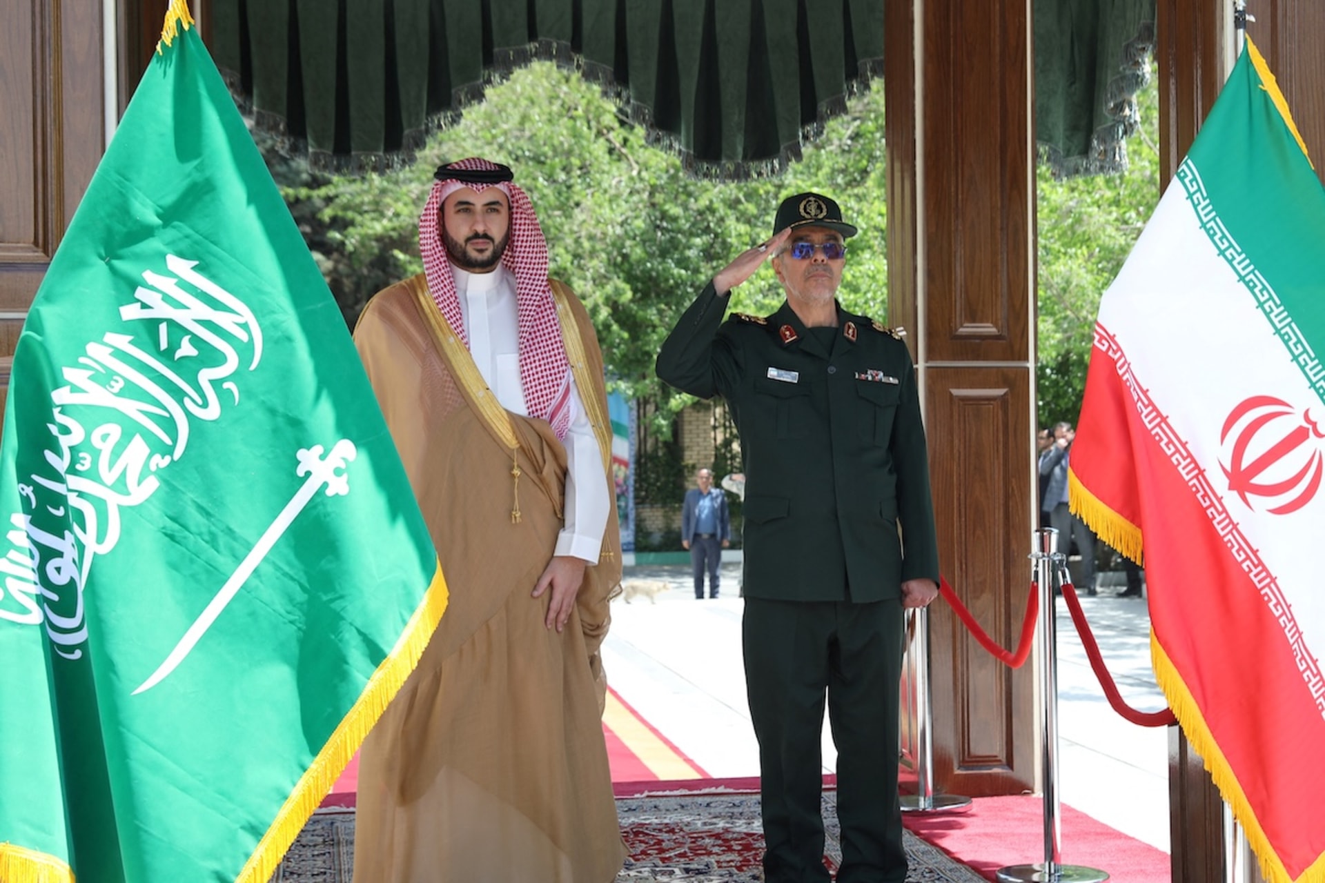 <p>Chief of Iranian Armed Forces, Mohammad Bagheri, welcomes Saudi Defense Minister, Prince Khalid bin Salman, in Tehran, Iran, April 17, 2025.</p>
