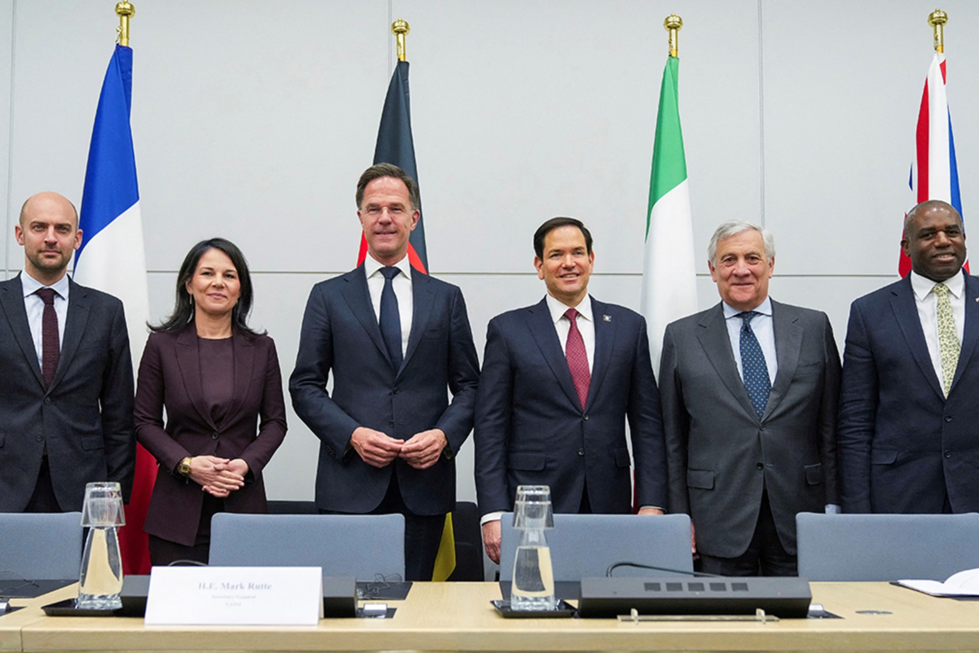 <p>NATO Secretary General, U.S. Secretary of State, Germany’s Foreign Minister, French Foreign Minister, Italy’s Foreign Minister, and Britain’s Foreign Secretary meet at the NATO headquarters in Brussels, Belgium April 4, 2025.</p>