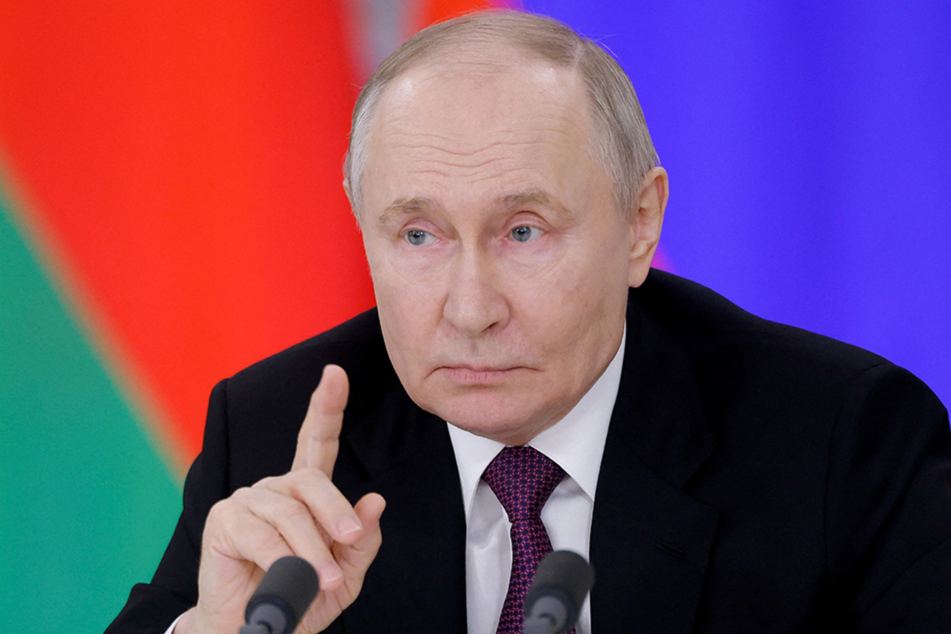 <p>Russia’s President Vladimir Putin speaks during a press conference following a meeting with his Belarusian counterpart Alexander Lukashenko in Moscow, Russia, March 13, 2025.</p>

