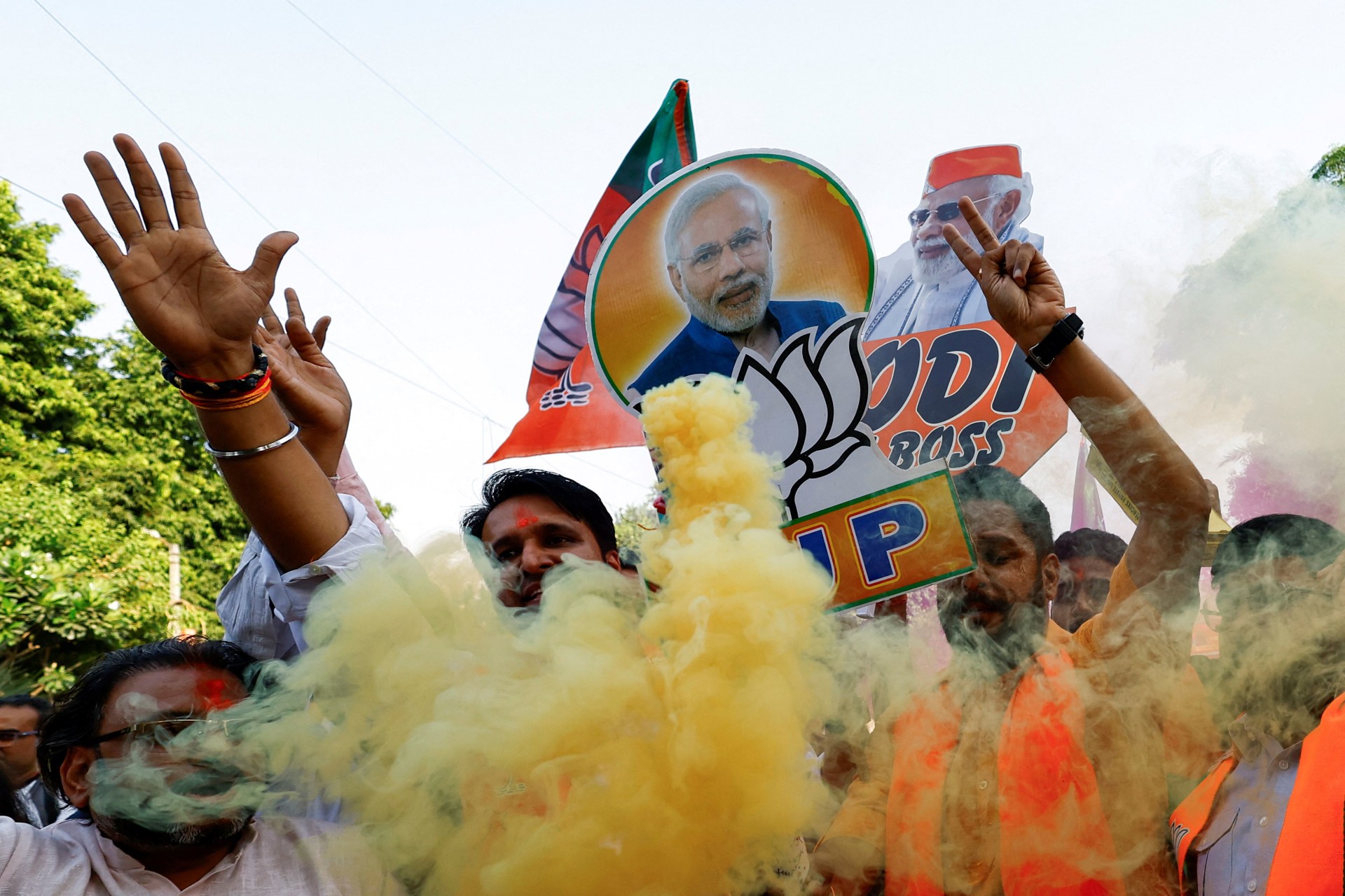 <p>Bharatiya Janata Party (BJP) supporters celebrate outside the BJP headquarters, as the BJP leads in the election results in the northern state of Haryana, in New Delhi, India, on October 8, 2024. </p>
