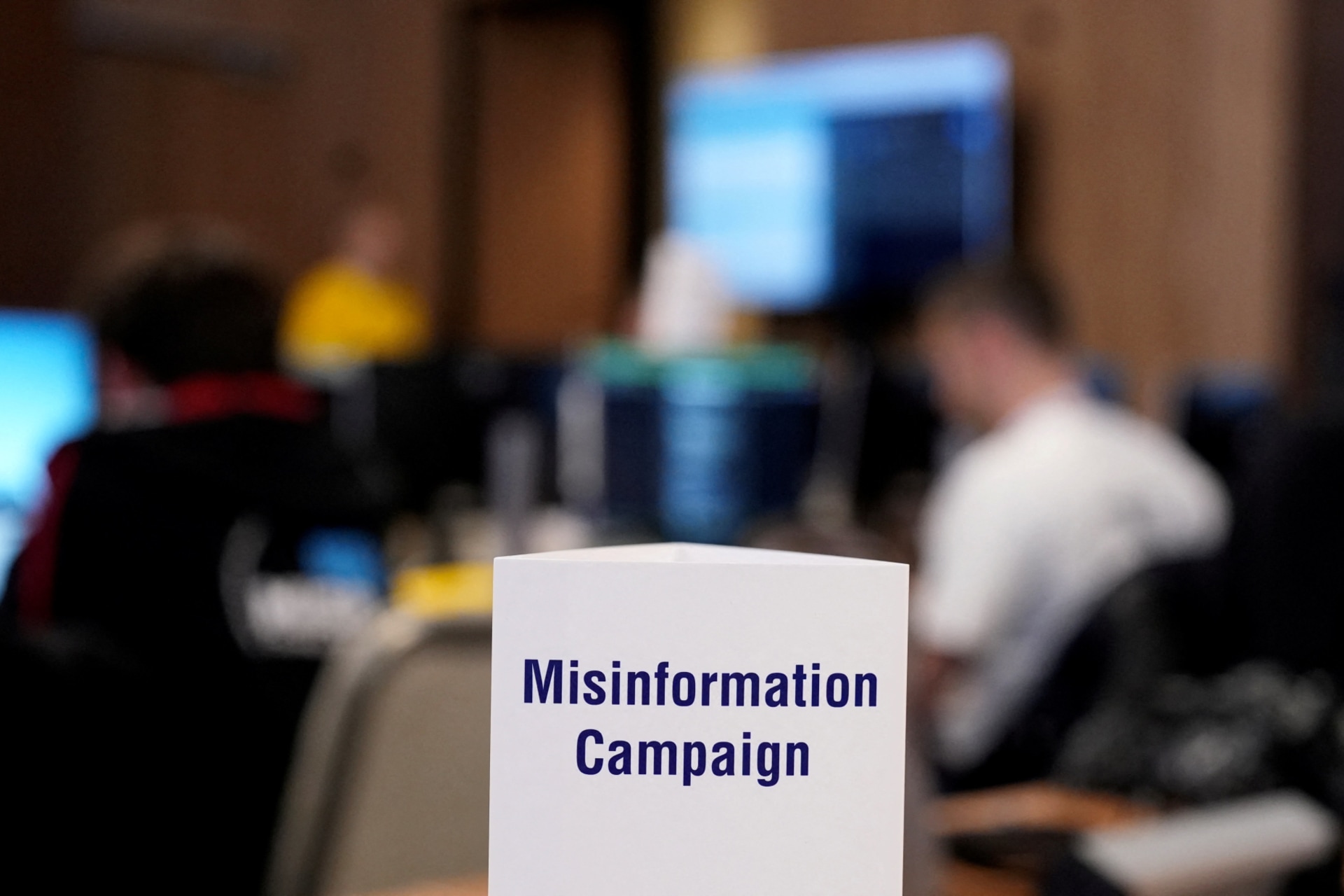 <p>A ‘Misinformation Campaign’ sign is seen at the NATO-led cyber war games “Locked Shields 2023” in Tallinn, Estonia on April 18, 2023.</p>