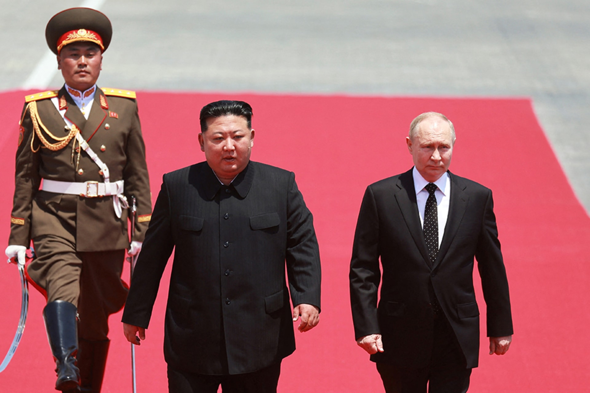 <p>Russia’s President Vladimir Putin and North Korea’s leader Kim Jong-un attend an official welcoming ceremony in Pyongyang, North Korea, June 19, 2024.</p>