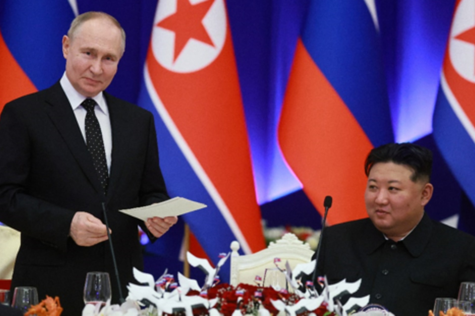<p>Russian President Vladimir Putin and North Korean Leader Kim Jong-un at a state reception in Pyongyang, North Korea, on June 19, 2024.</p>