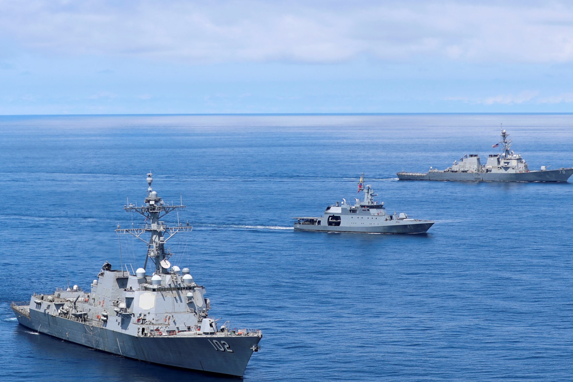 <p>The USS Sampson, USS Porter, and ARC Victoria off the coast of Buenaventura, Columbia, during the Southern Seas naval exercise on June 29, 2024. </p>