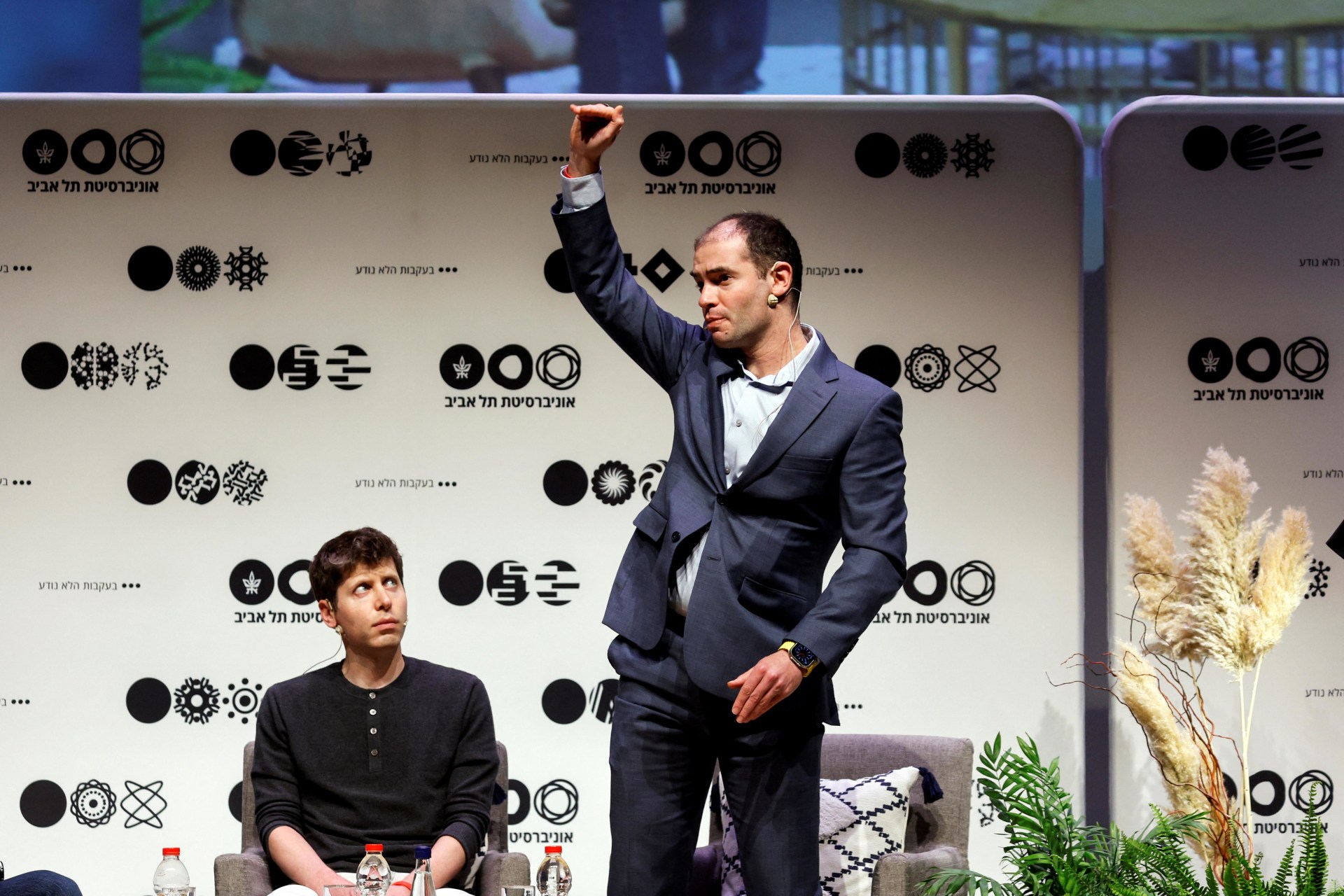 <p>Sam Altman, CEO of Microsoft-backed OpenAI and ChatGPT creator listens to Ilya Sutskever, co-founder and Chief Scientist of OpenAI during a talk at Tel Aviv University in Tel Aviv, Israel on June 5, 2023.</p>