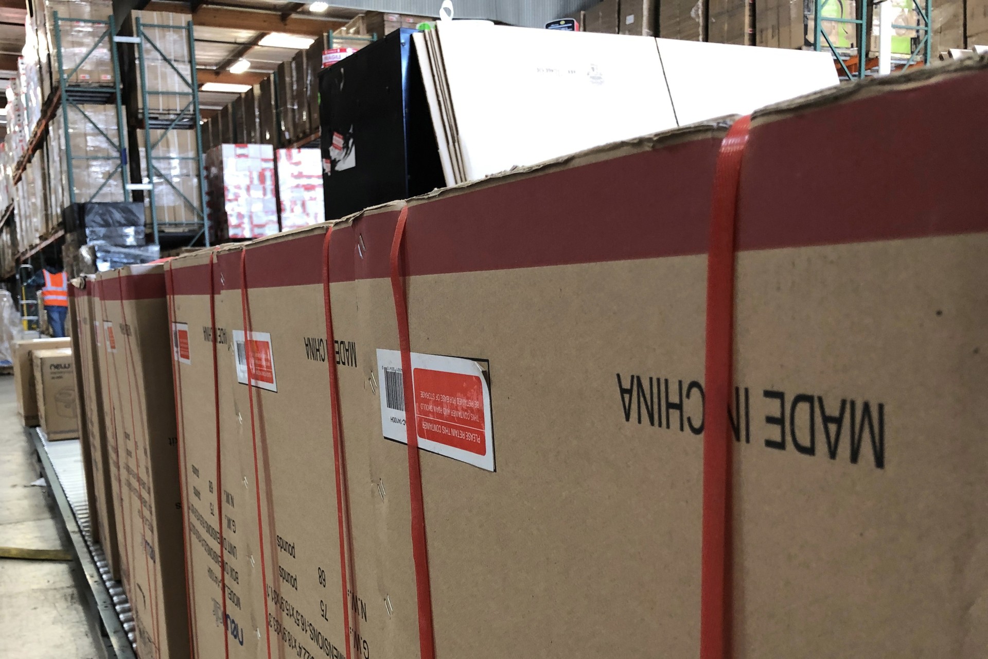 <p>Boxes marked ‘Made in China’ are lined up in NewAir’s warehouse in Cypress, CA.</p>