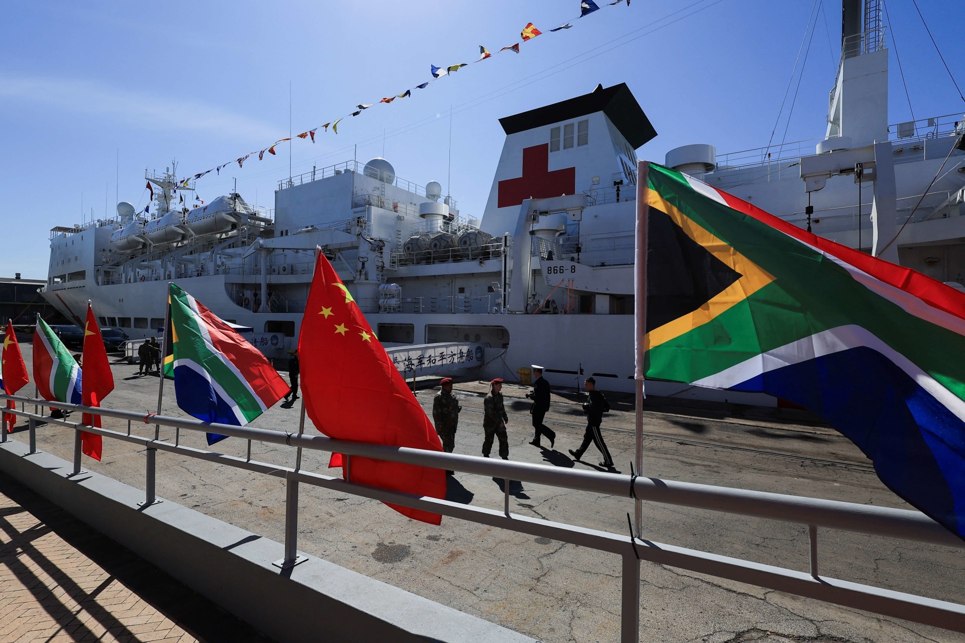 <p>China’s People’s Liberation Army (PLA) Navy hospital ship Peace Ark docks at Cape Town Cruise Terminal for the start of their visit that includes strengthening ties with South Africa and humanitarian medical assistance to communities in Cape Town.</p>