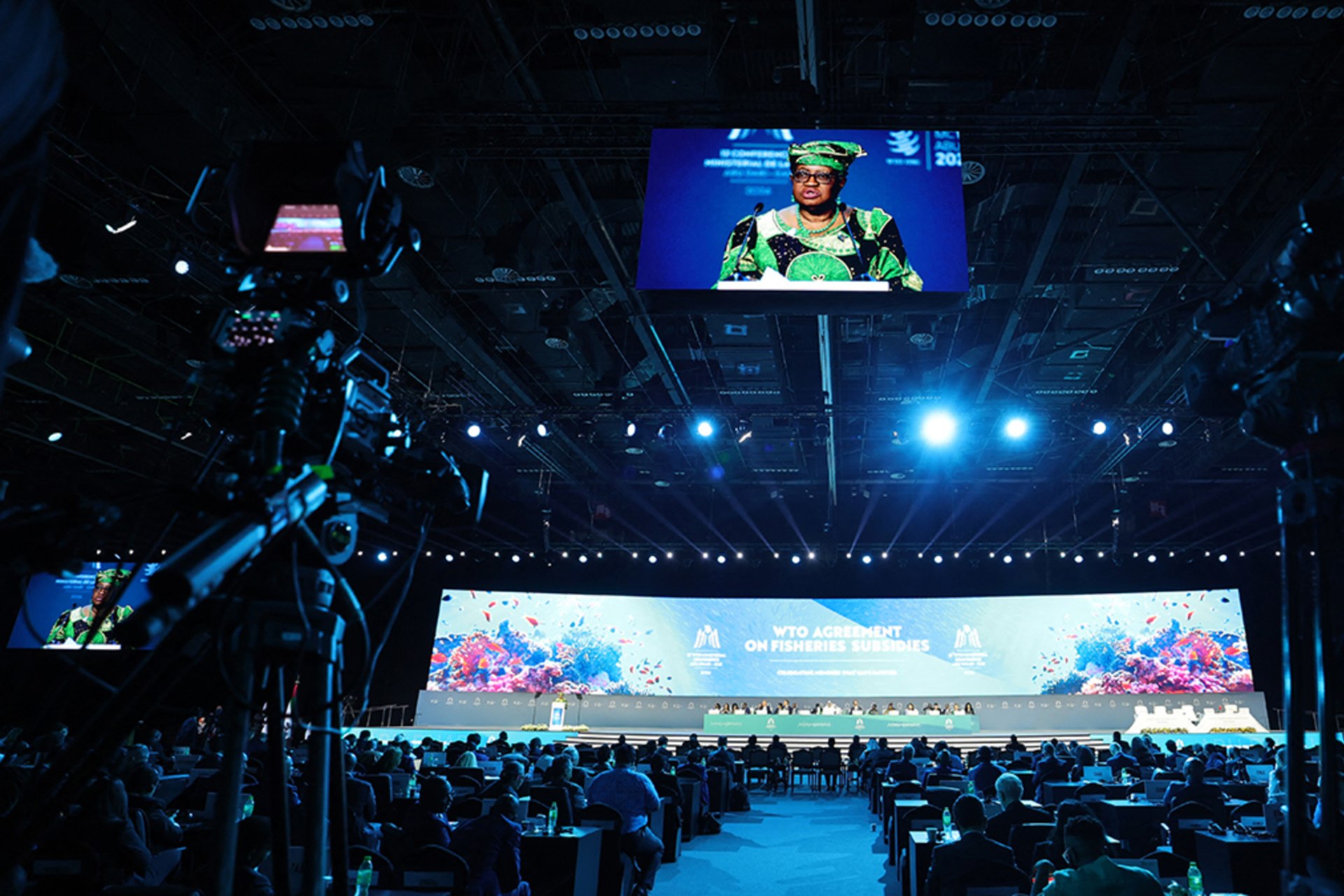 <p>Director-General of the World Trade Organization (WTO) Ngozi Okonjo-Iweala addresses delegates during a session on fisheries subsidies during the 13th WTO Ministerial Conference in Abu Dhabi.</p>