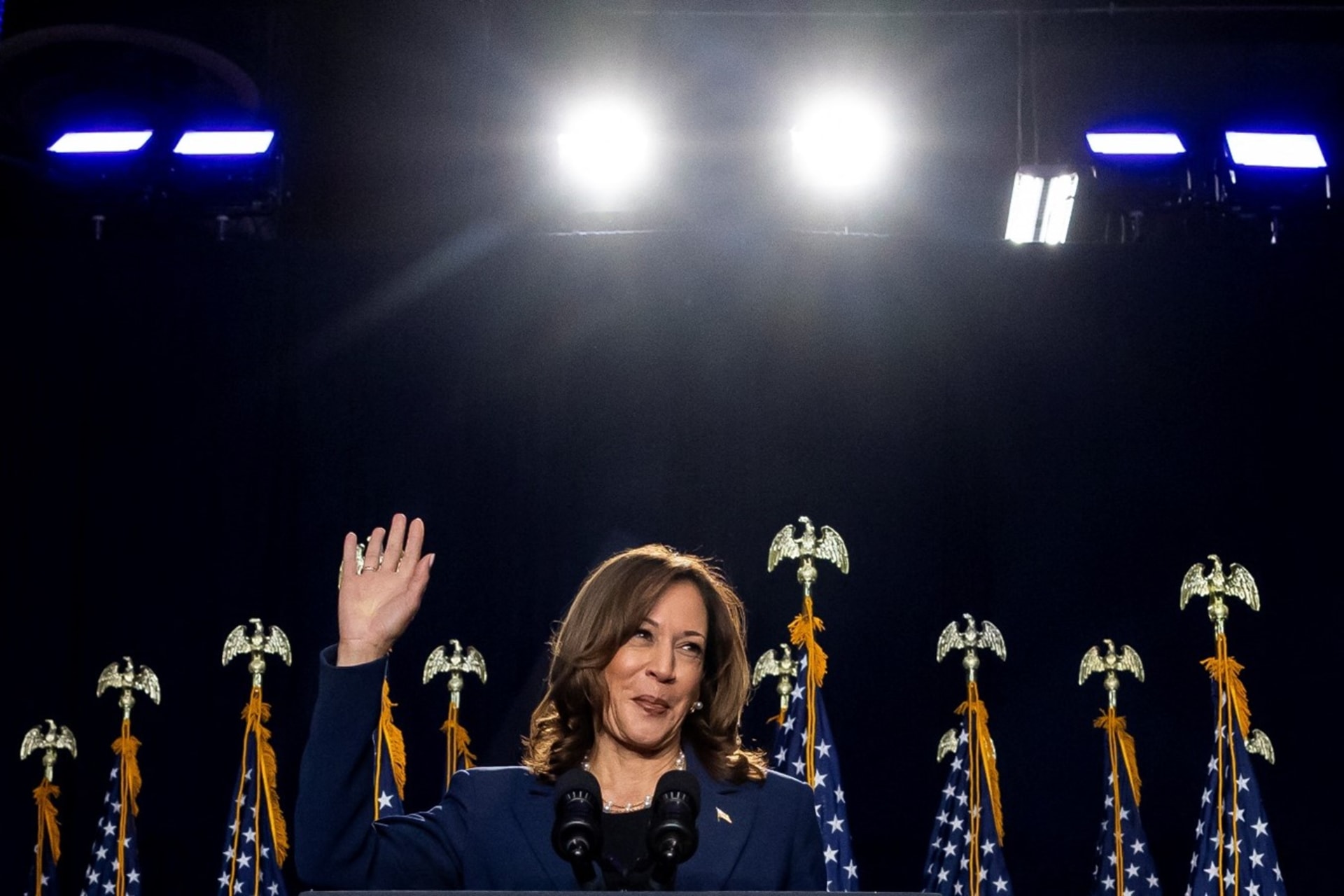 <p>Vice President Kamala Harris speaks to supporters at her first campaign event as a candidate for president in West Allis, Wisconsin on July 23, 2024</p>
