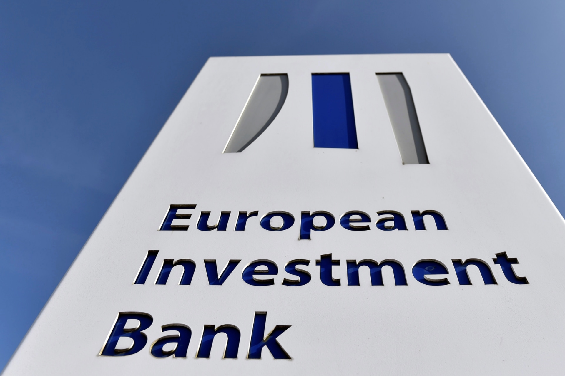 <p>The logo of the EIB is pictured in the city of Luxembourg</p>