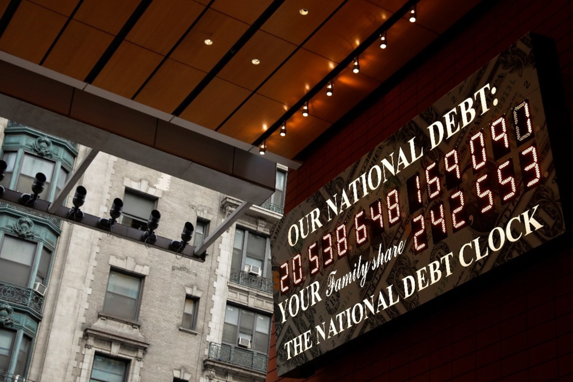 <p>The National Debt Clock in New York City on November 30, 2017.</p>
