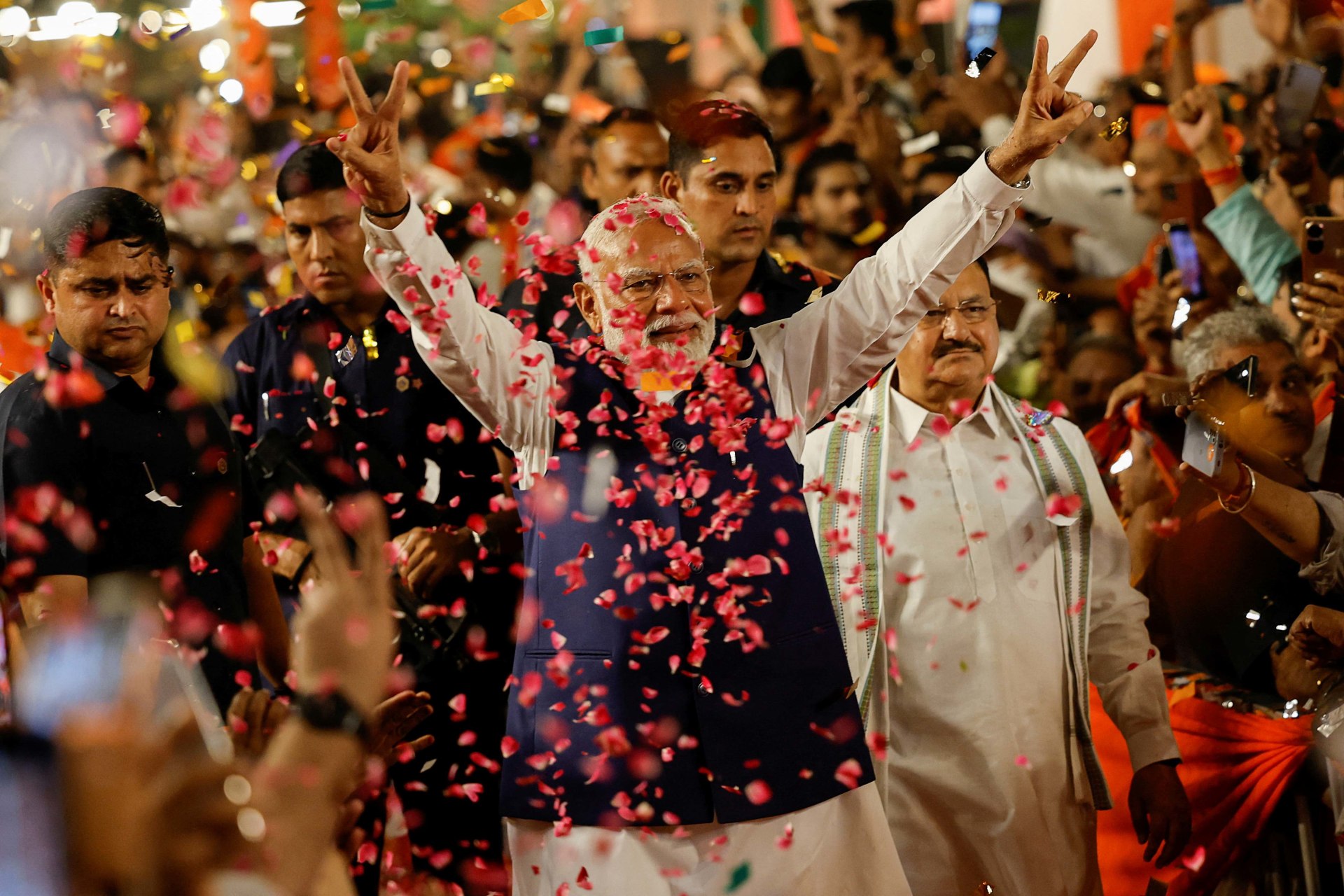 <p>Indian Prime Minister Narendra Modi gestures as he arrives at Bharatiya Janata Party (BJP) headquarters in New Delhi, India, June 4, 2024. </p>