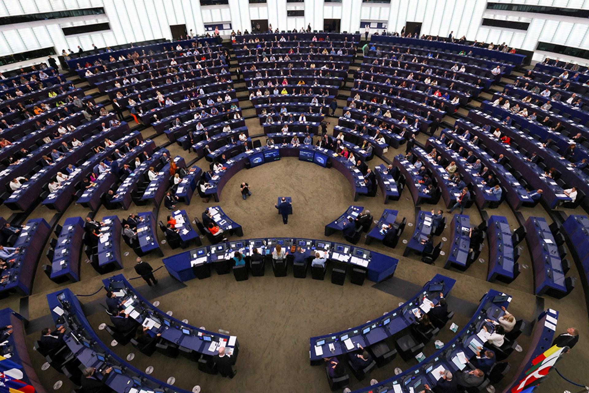 <p>Members of the EU Parliament sit during a plenary session in Strasbourg, France.</p>
