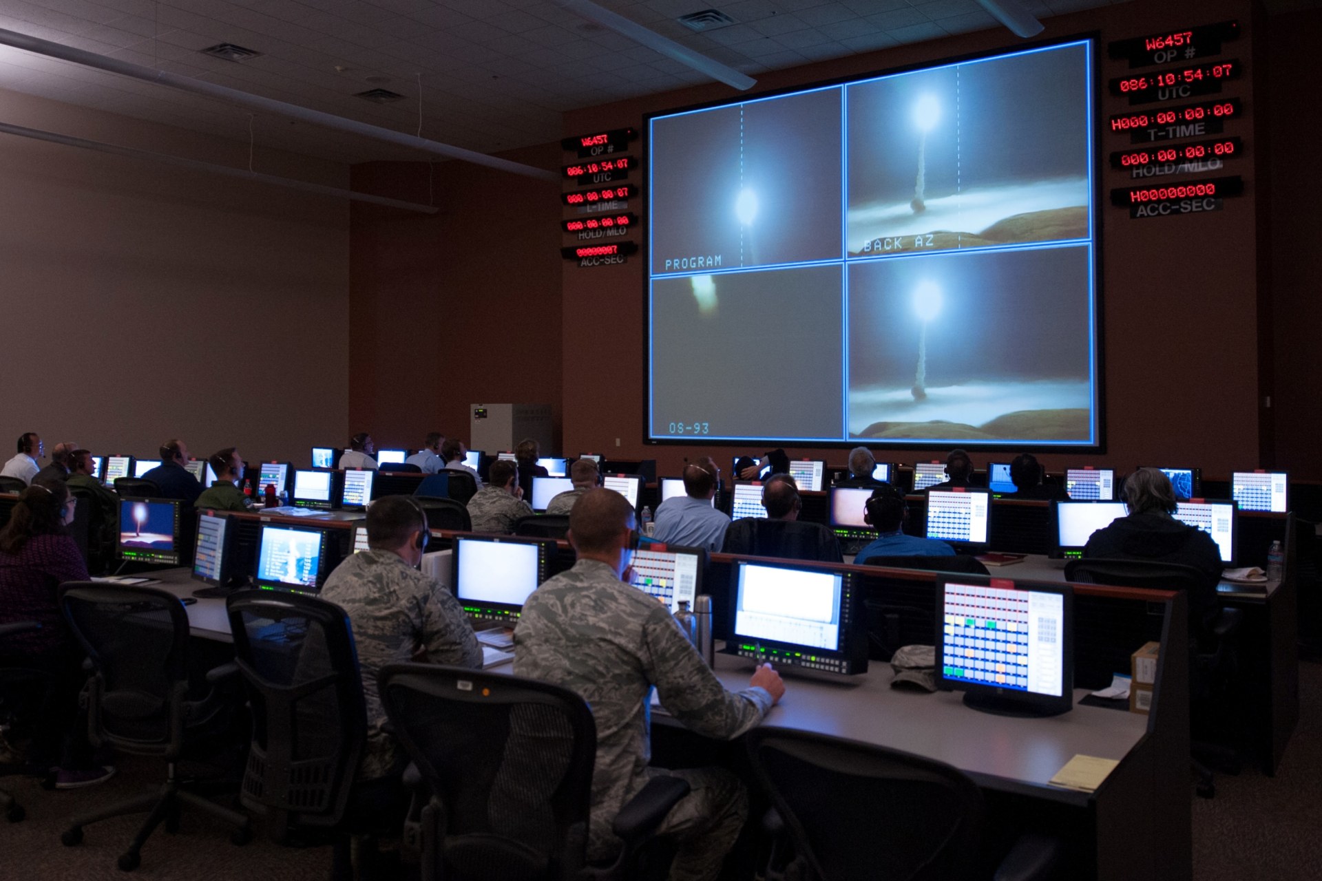 <p>Members of the 576th Flight Test Squadron monitor an operational test launch of an unarmed Minuteman III missile at Vandenberg Air Force Base on March 27, 2015.</p>
