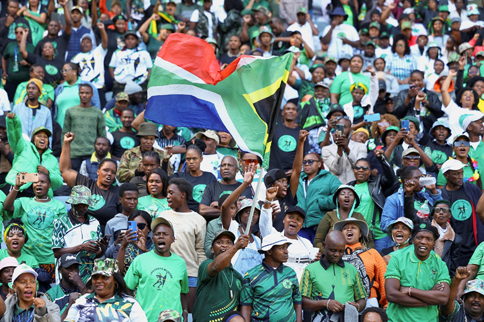 <p>Supporters of former South African President Jacob Zuma’s new political party wave the South African flag ahead of a general election in 2024.</p>