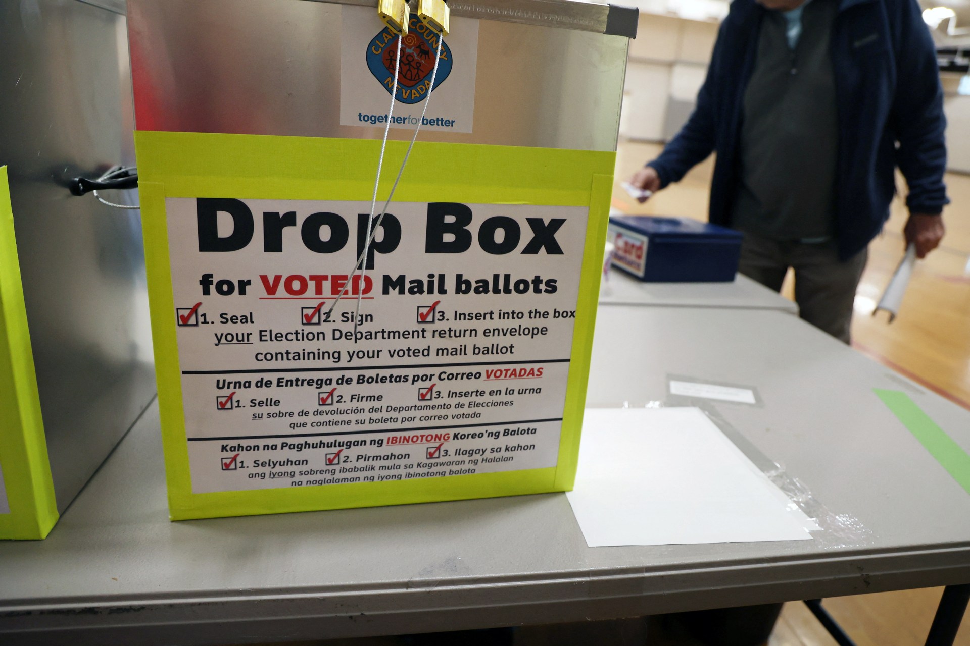 <p>A mail-in ballot box is shown at the polls as Democrats and Republicans hold their presidential primary election in Boulder City, Nevada on February 6, 2024.</p>
