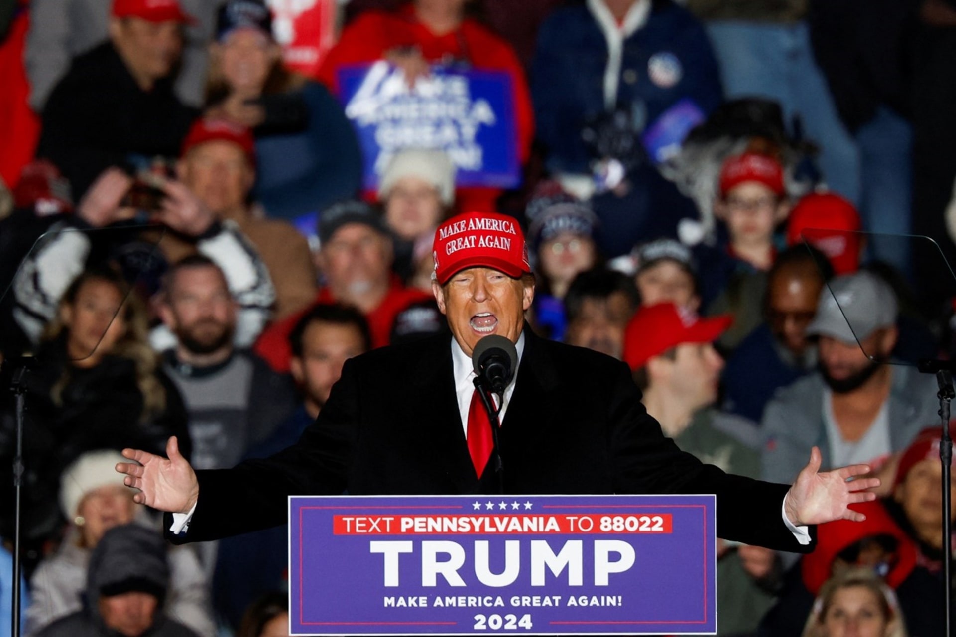 <p>Donald Trump speaks at a campaign rally in Schnecksville, Pennsylvania, on April 13, 2024</p>
