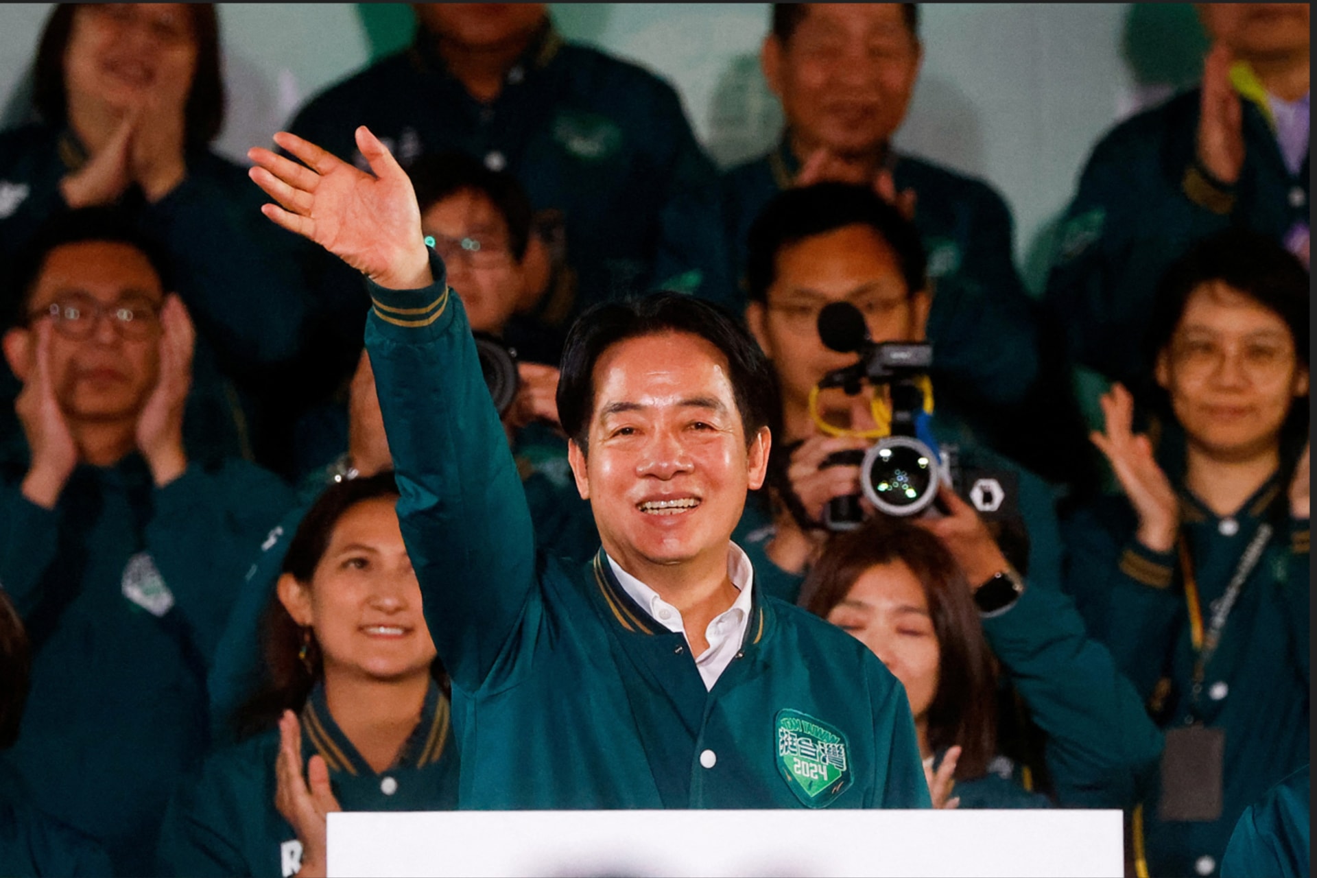 <p>Taiwan President-elect Lai Ching-te, of Democratic Progressive Party’s (DPP) gestures as he attends a rally following the victory in the presidential elections, in Taipei, Taiwan</p>