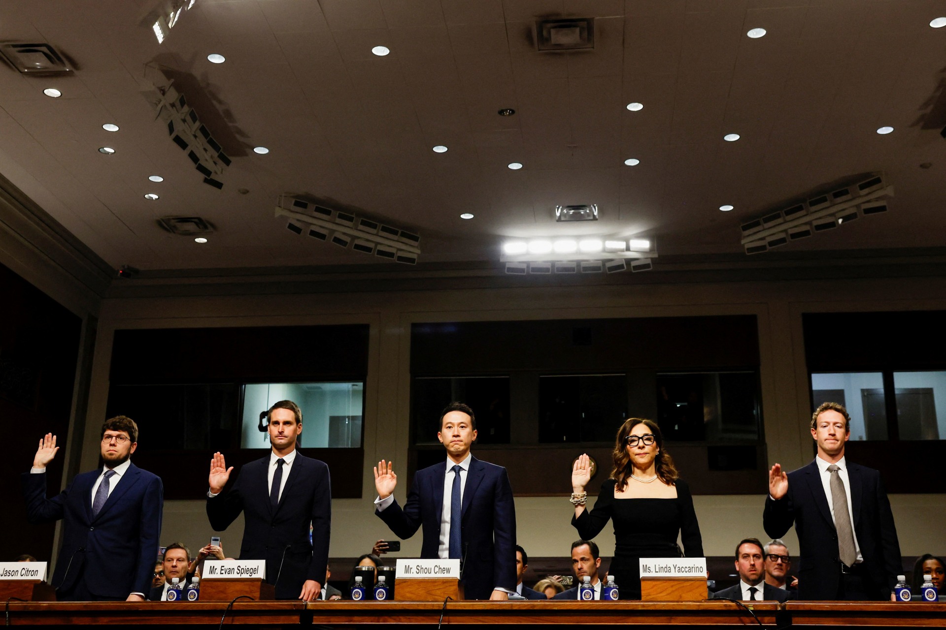 <p>Meta’s CEO Mark Zuckerberg, X Corp’s CEO Linda Yaccarino, TikTok’s CEO Shou Zi Chew, and Discord’s CEO Jason Citron are sworn in during the Senate Judiciary Committee hearing on online child sexual exploitation at the U.S. Capitol in Washington, D.C.</p>