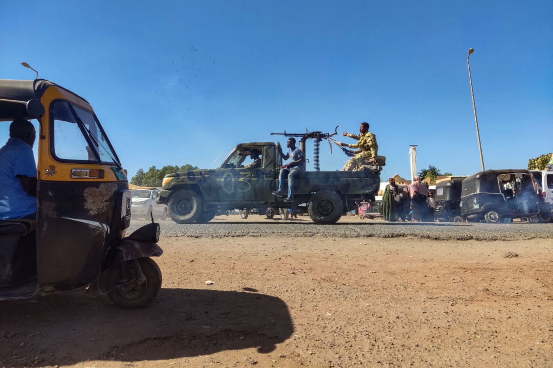 <p>Soldiers from the Sudanese army patrol in Gedaref, Sudan, on December 18, 2023.</p>