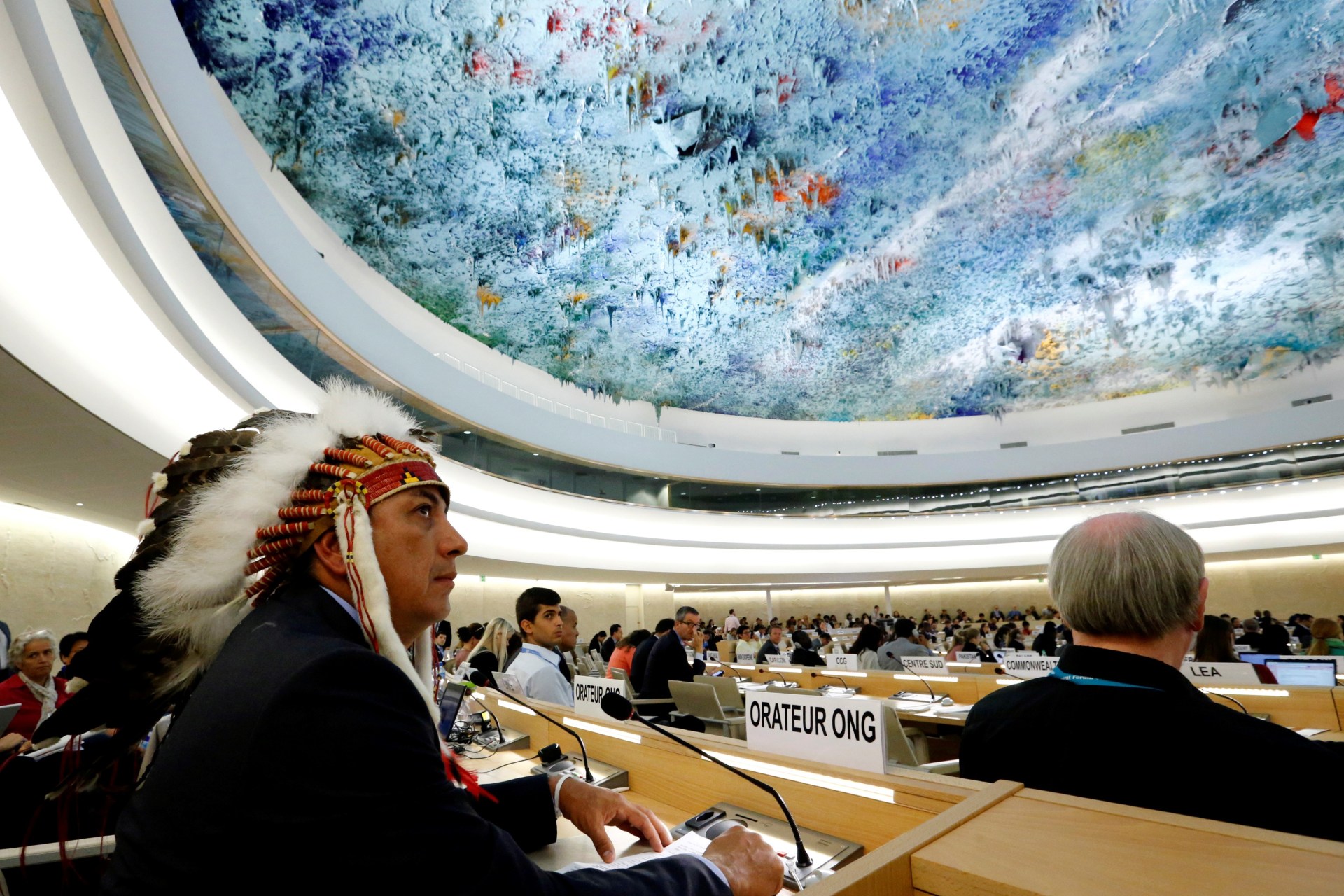 <p>Dave Archambault II, chairman of the Standing Rock Sioux tribe, waits to give his speech against the Energy Transfer Partners’ Dakota Access oil pipeline during the Human Rights Council at the United Nations in Geneva, Switzerland on September 20, 2016.</p>