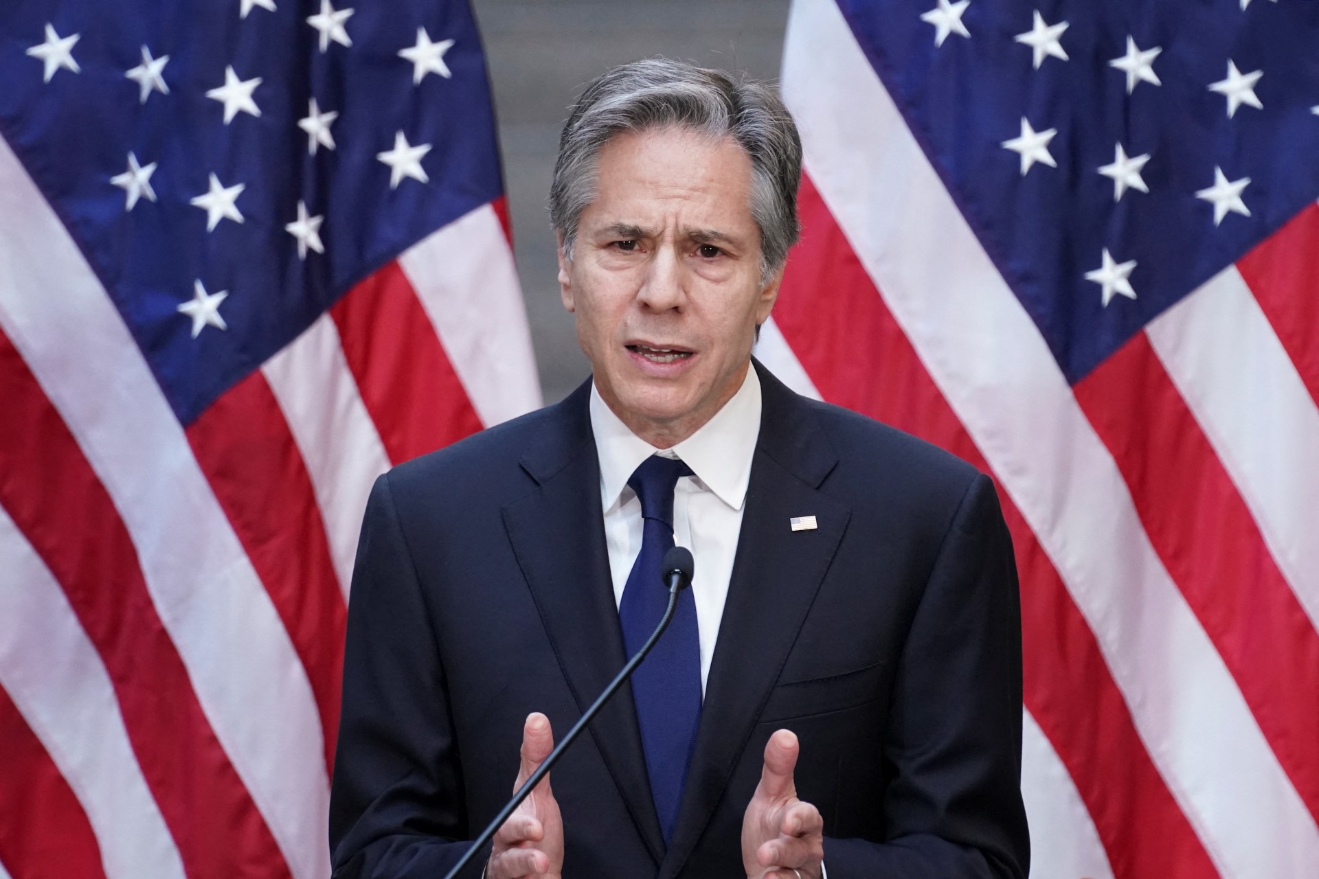 <p>U.S. Secretary of State Antony Blinken speaks after viewing the “Burma’s Path To Genocide” exhibit at the United States Holocaust Memorial Museum in Washington, D.C., on March 21, 2022.</p>