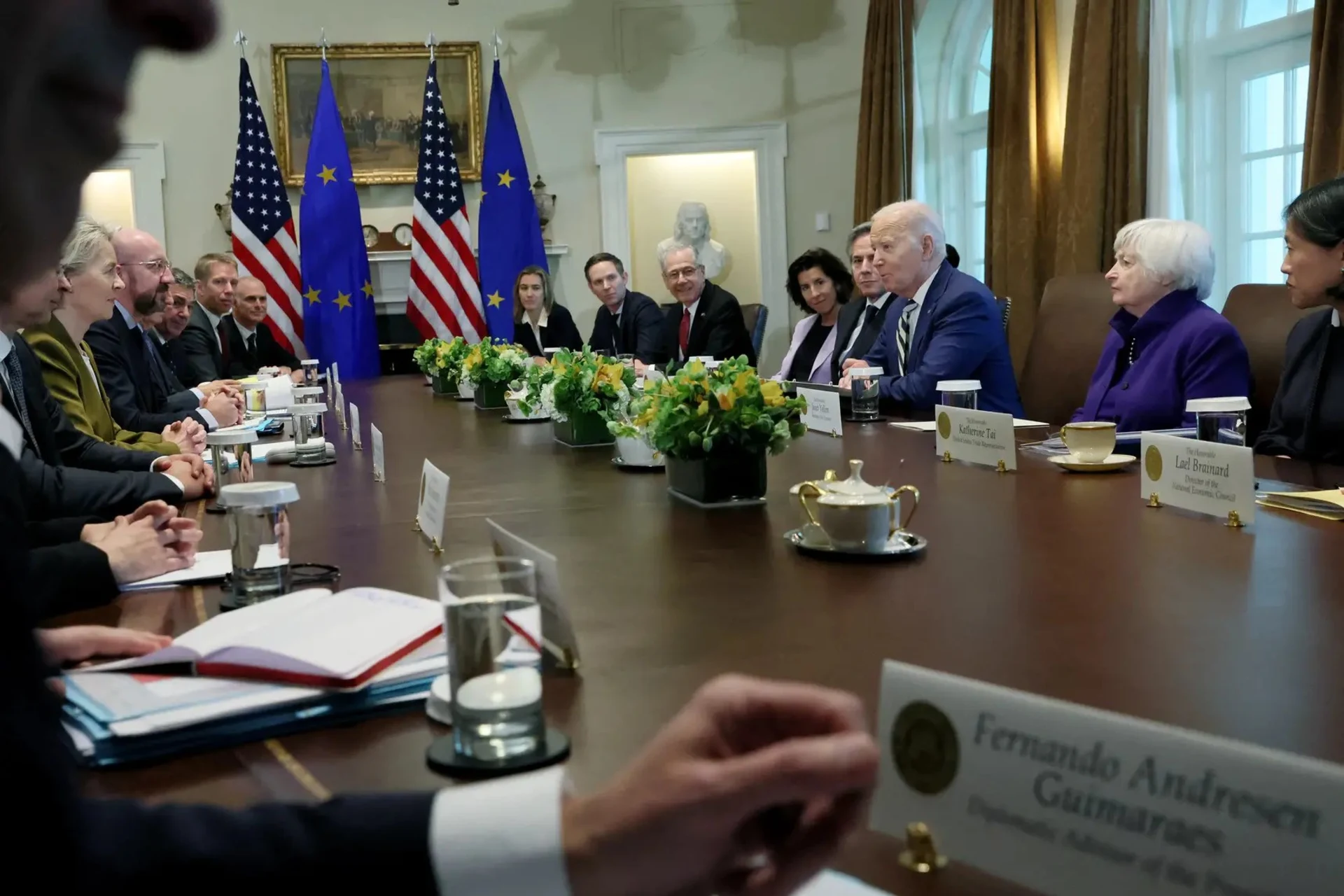 <p>U.S. President Joe Biden holds a trilateral meeting with President of the European Council Charles Michel and President of the European Commission Ursula von der Leyen at the White House in Washington</p>