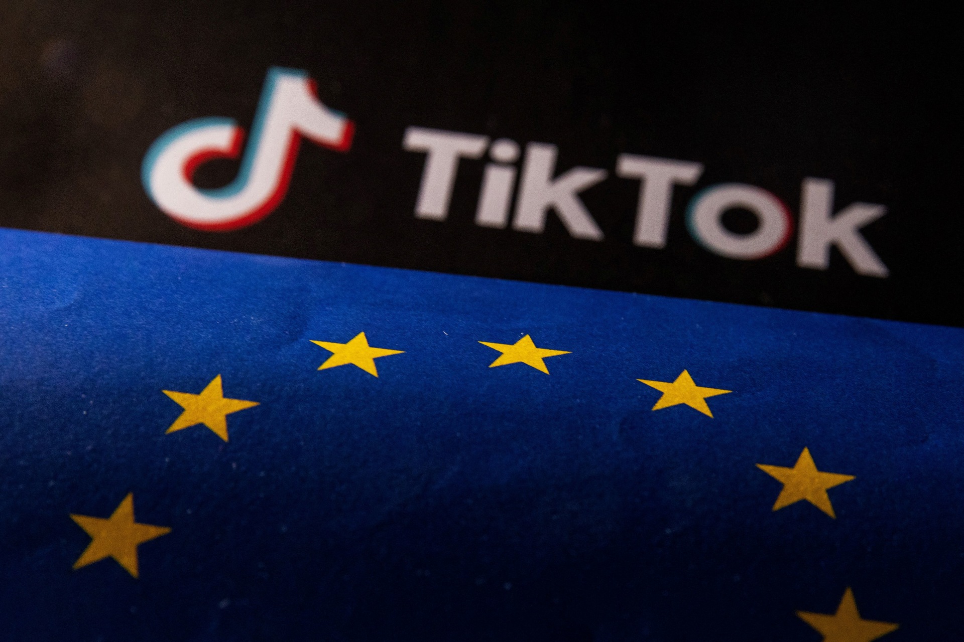 <p>The EU flag and TikTok logo are seen in this illustration taken on June 2, 2023.</p>